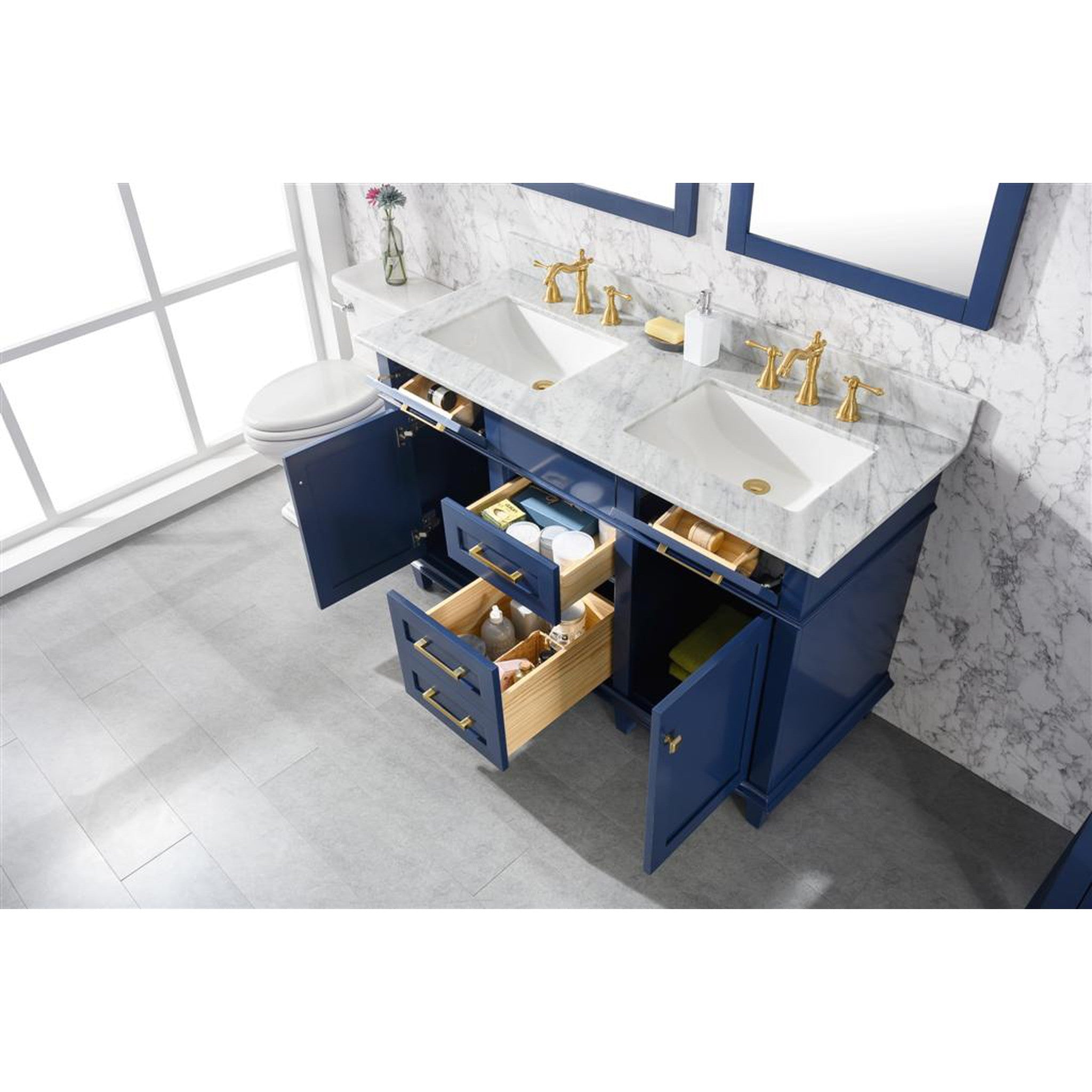 Legion Furniture 54" Blue Finish Double Sink Vanity Cabinet With Carrara White Top