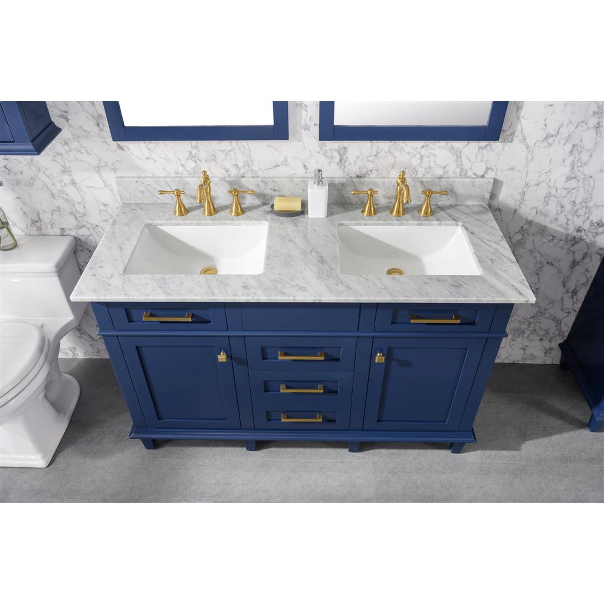 Legion Furniture 54" Blue Finish Double Sink Vanity Cabinet With Carrara White Top