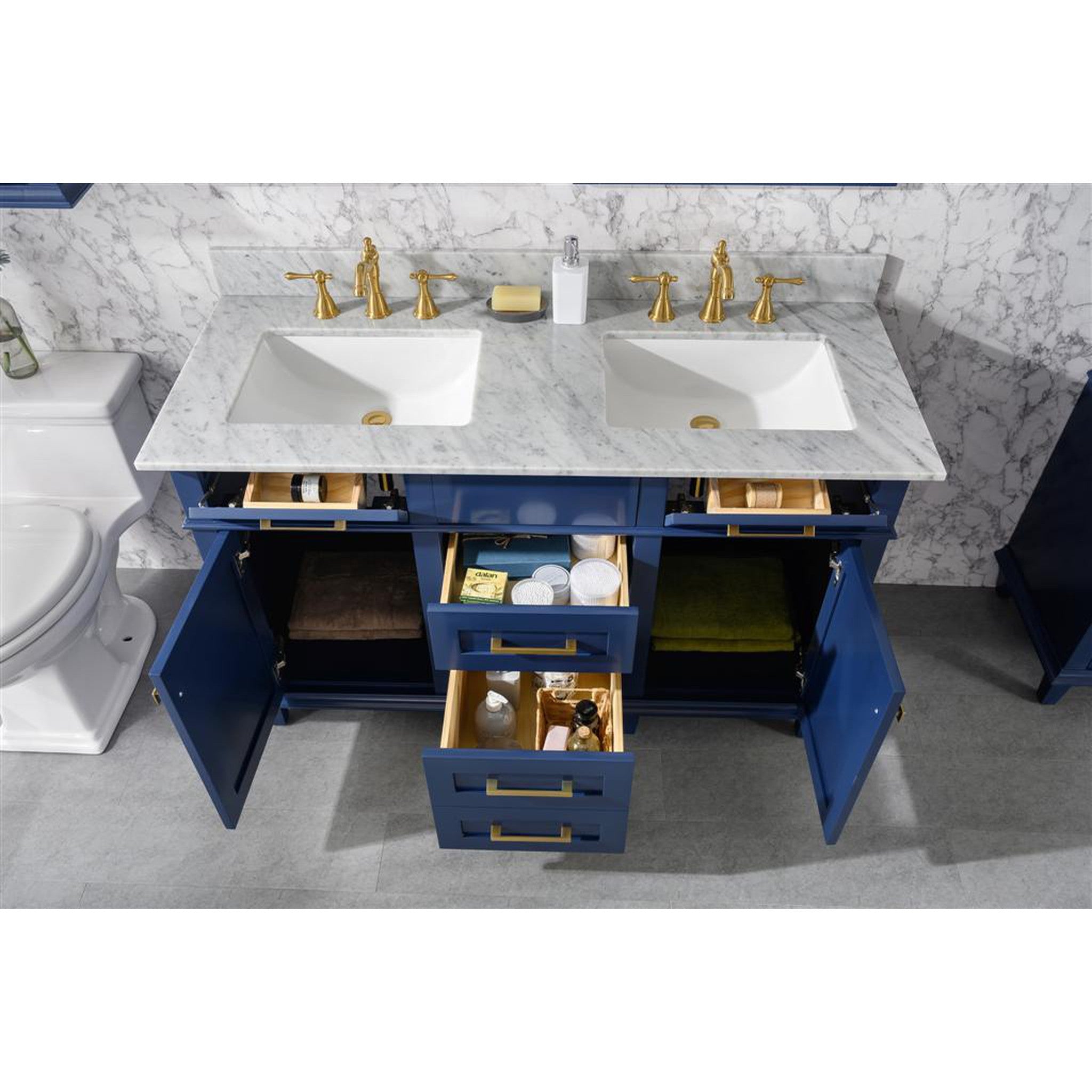 Legion Furniture 54" Blue Finish Double Sink Vanity Cabinet With Carrara White Top