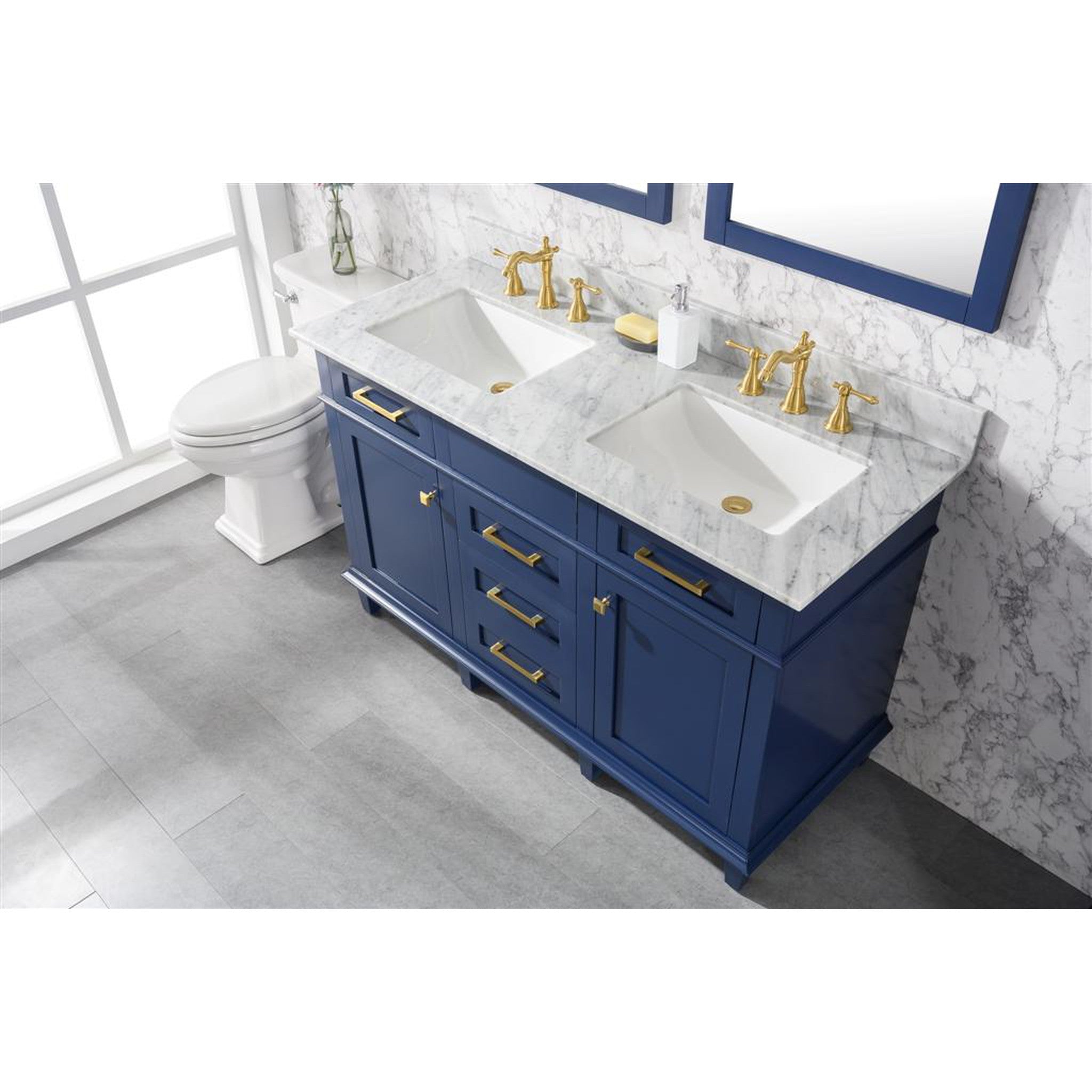 Legion Furniture 54" Blue Finish Double Sink Vanity Cabinet With Carrara White Top