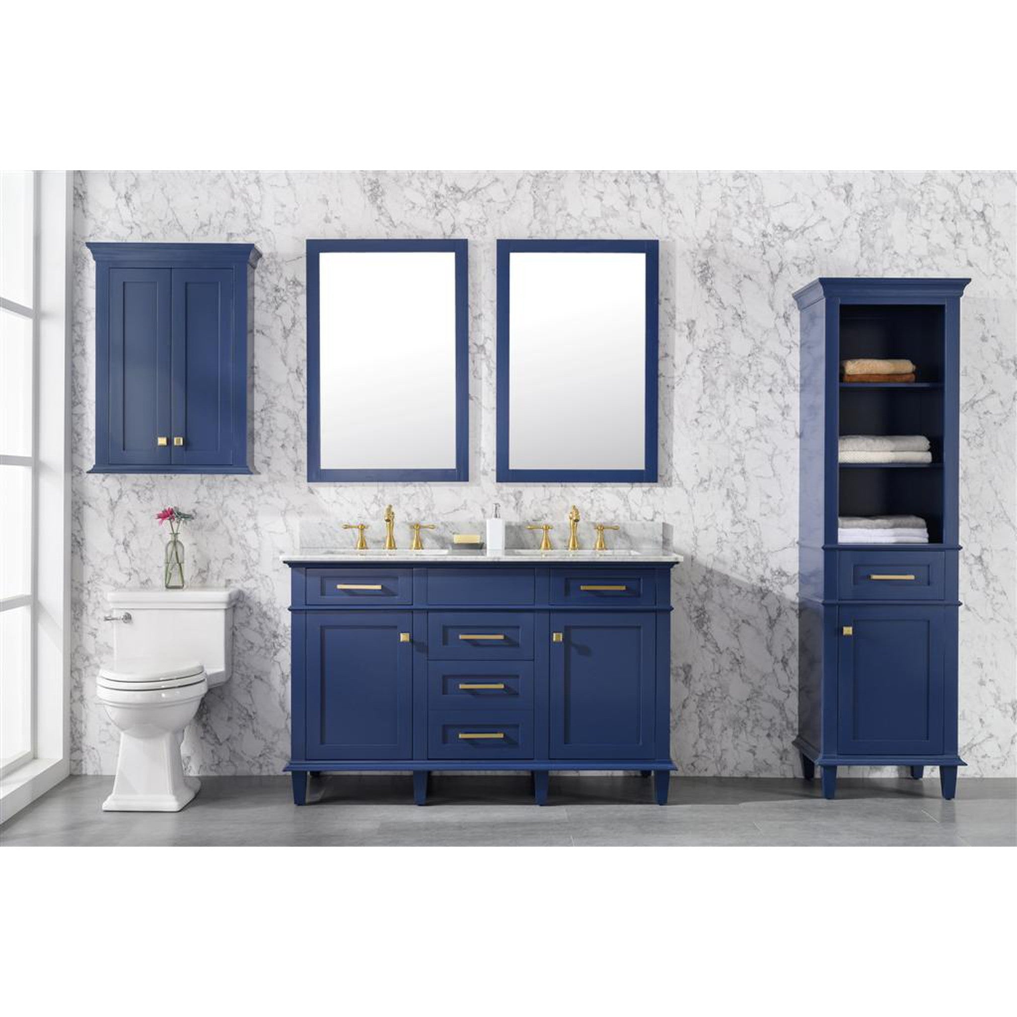 Legion Furniture 54" Blue Finish Double Sink Vanity Cabinet With Carrara White Top