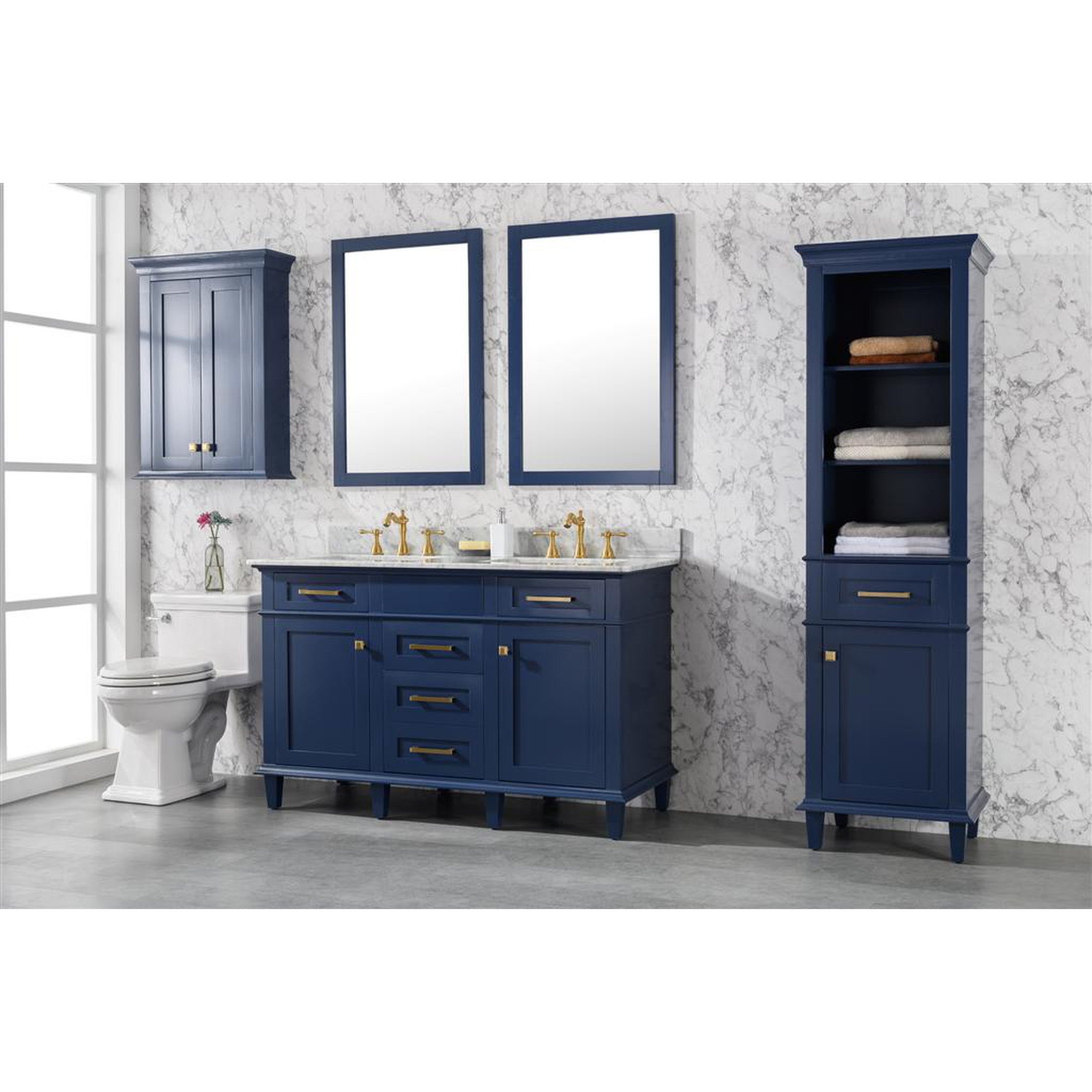 Legion Furniture 54" Blue Finish Double Sink Vanity Cabinet With Carrara White Top