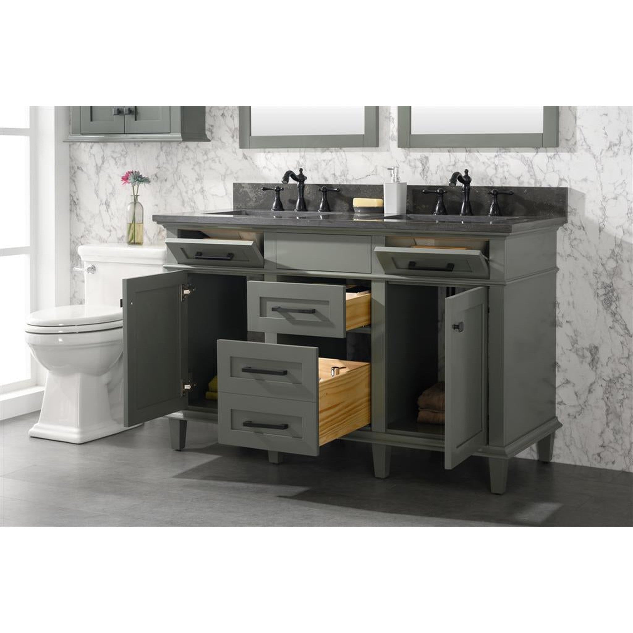 Legion Furniture 54" Pewter Green Finish Double Sink Vanity Cabinet With Blue Lime Stone Top