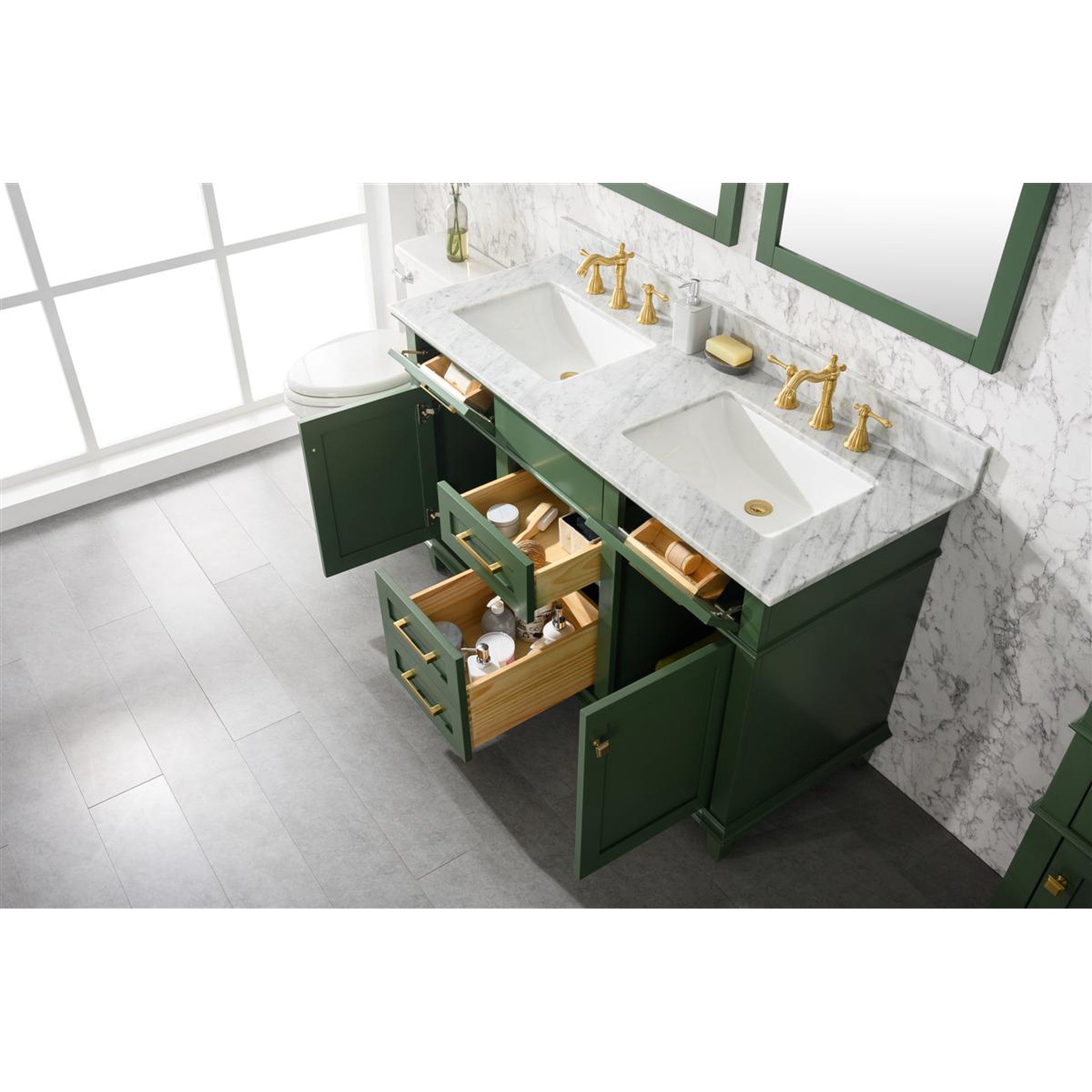 Legion Furniture 54" Vogue Green Finish Double Sink Vanity Cabinet With Carrara White Top