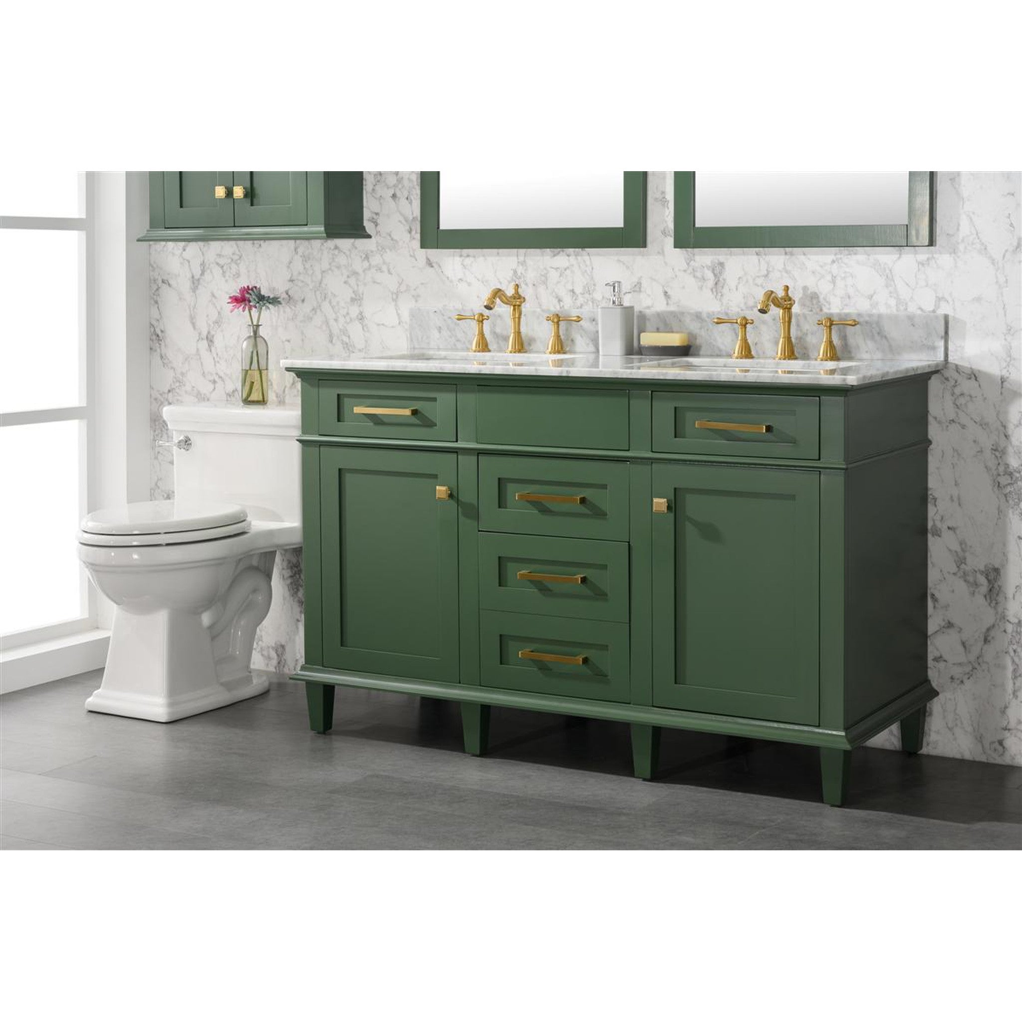 Legion Furniture 54" Vogue Green Finish Double Sink Vanity Cabinet With Carrara White Top