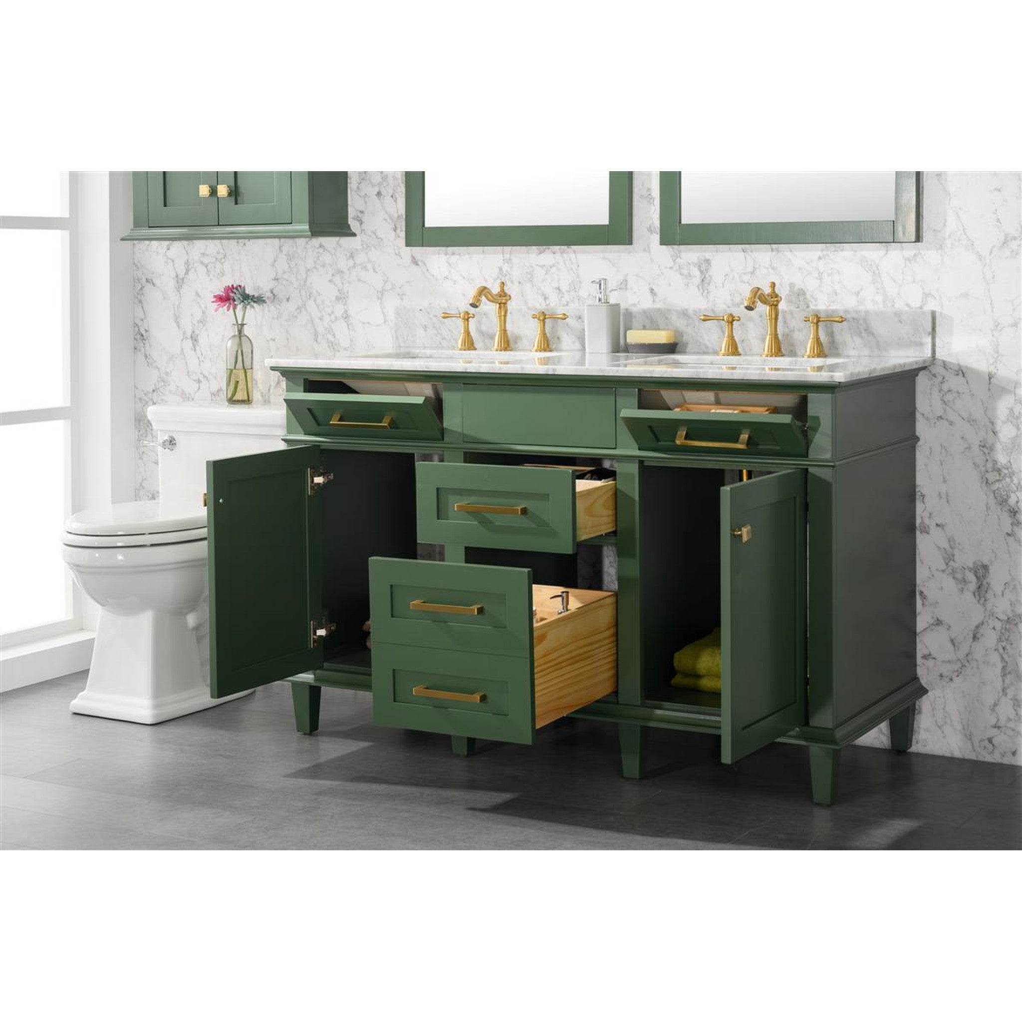 Legion Furniture 54" Vogue Green Finish Double Sink Vanity Cabinet With Carrara White Top