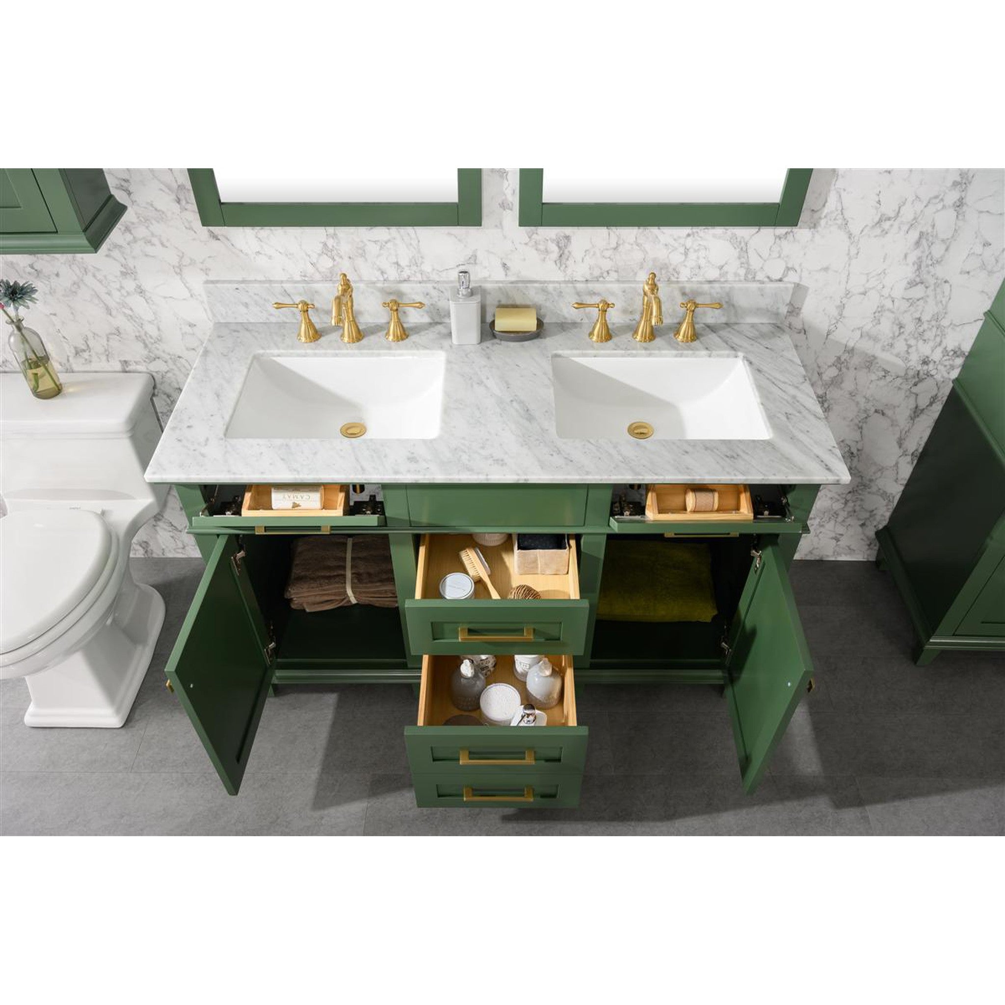 Legion Furniture 54" Vogue Green Finish Double Sink Vanity Cabinet With Carrara White Top