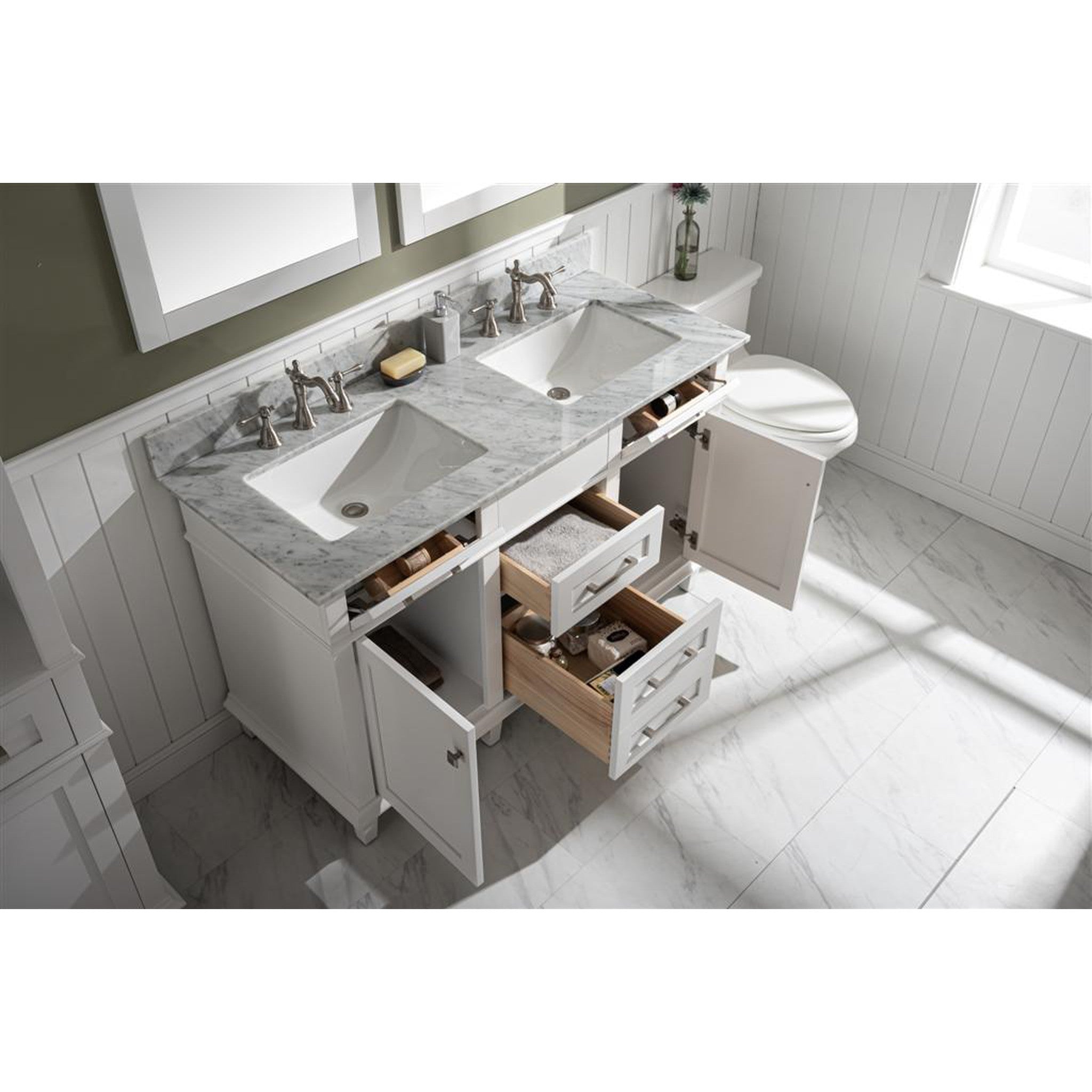 Legion Furniture 54" White Finish Double Sink Vanity Cabinet With Carrara White Top