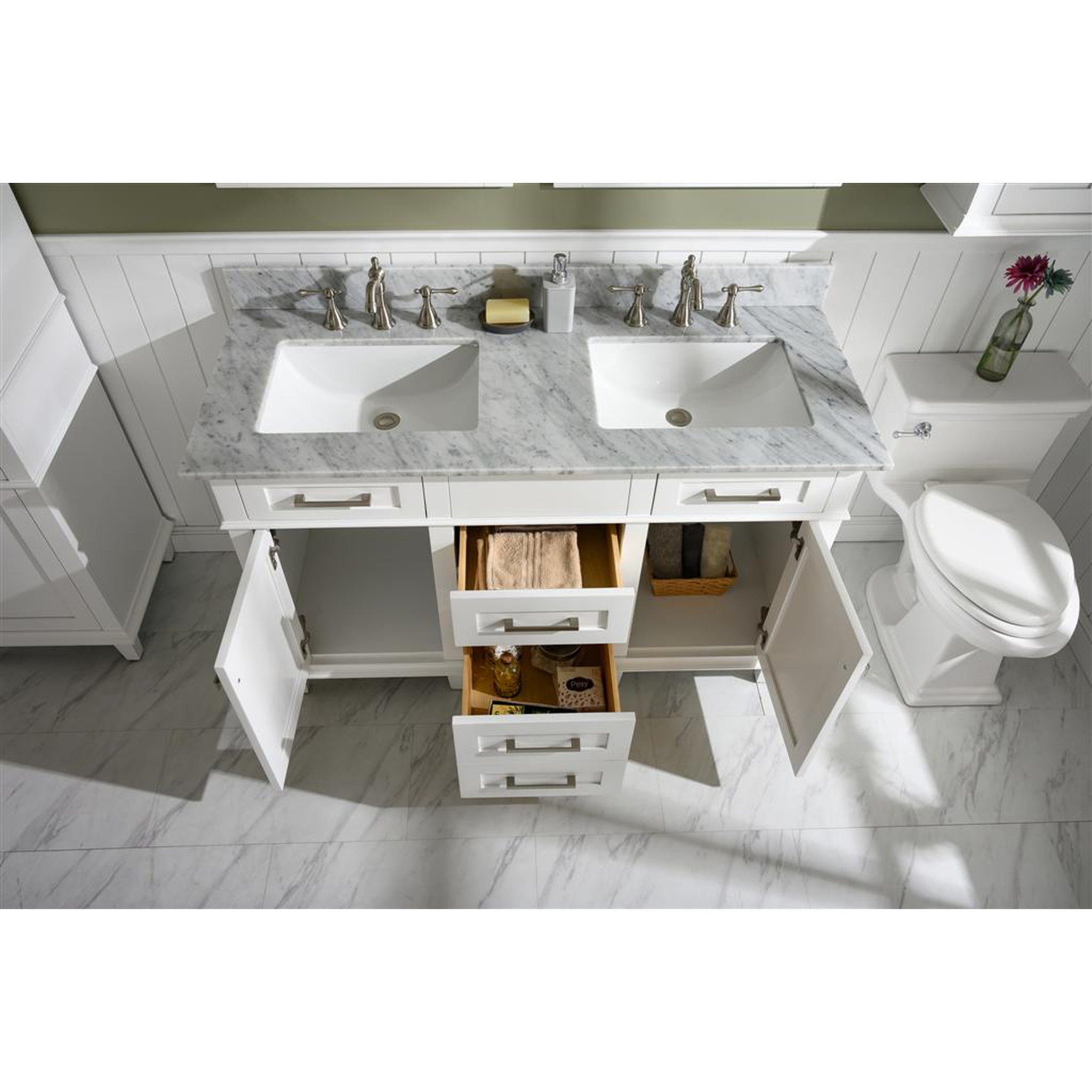 Legion Furniture 54" White Finish Double Sink Vanity Cabinet With Carrara White Top