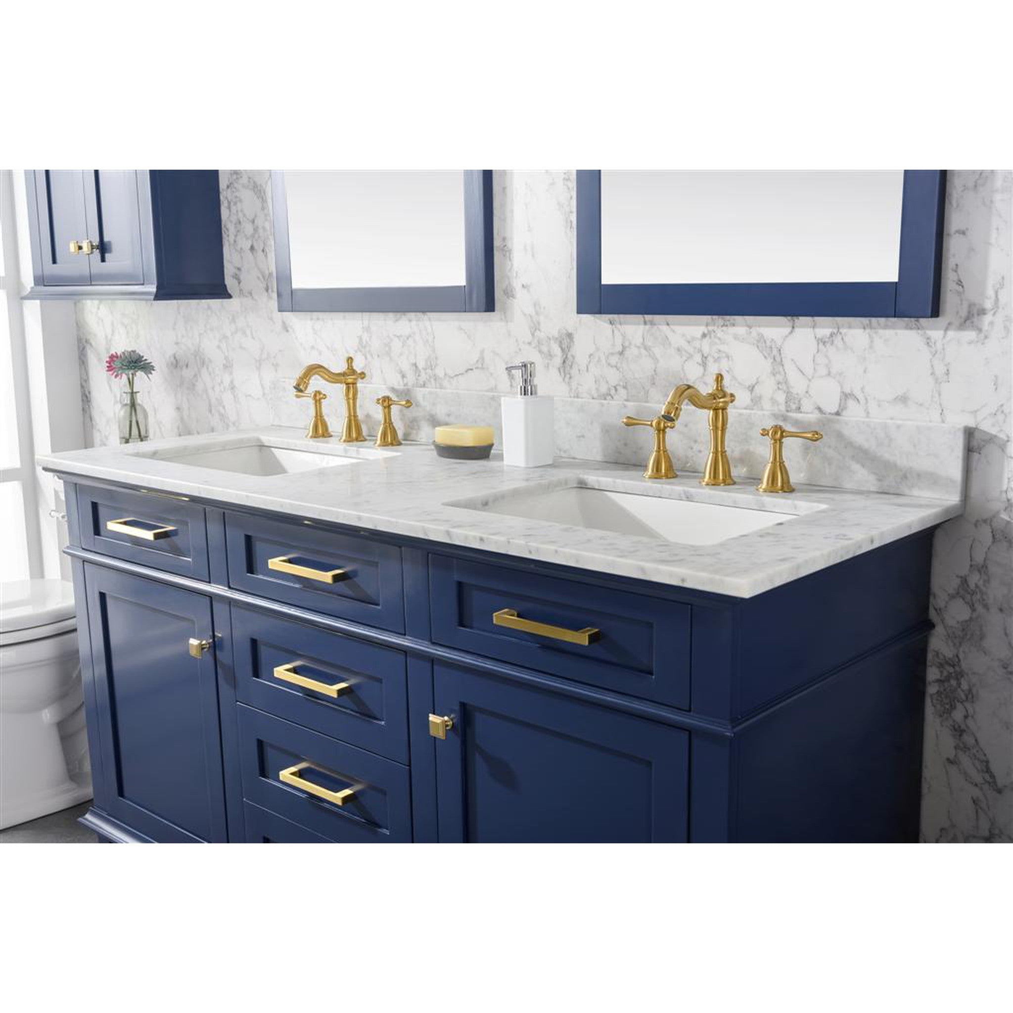 Legion Furniture 60" Blue Finish Double Sink Vanity Cabinet With Carrara White Top