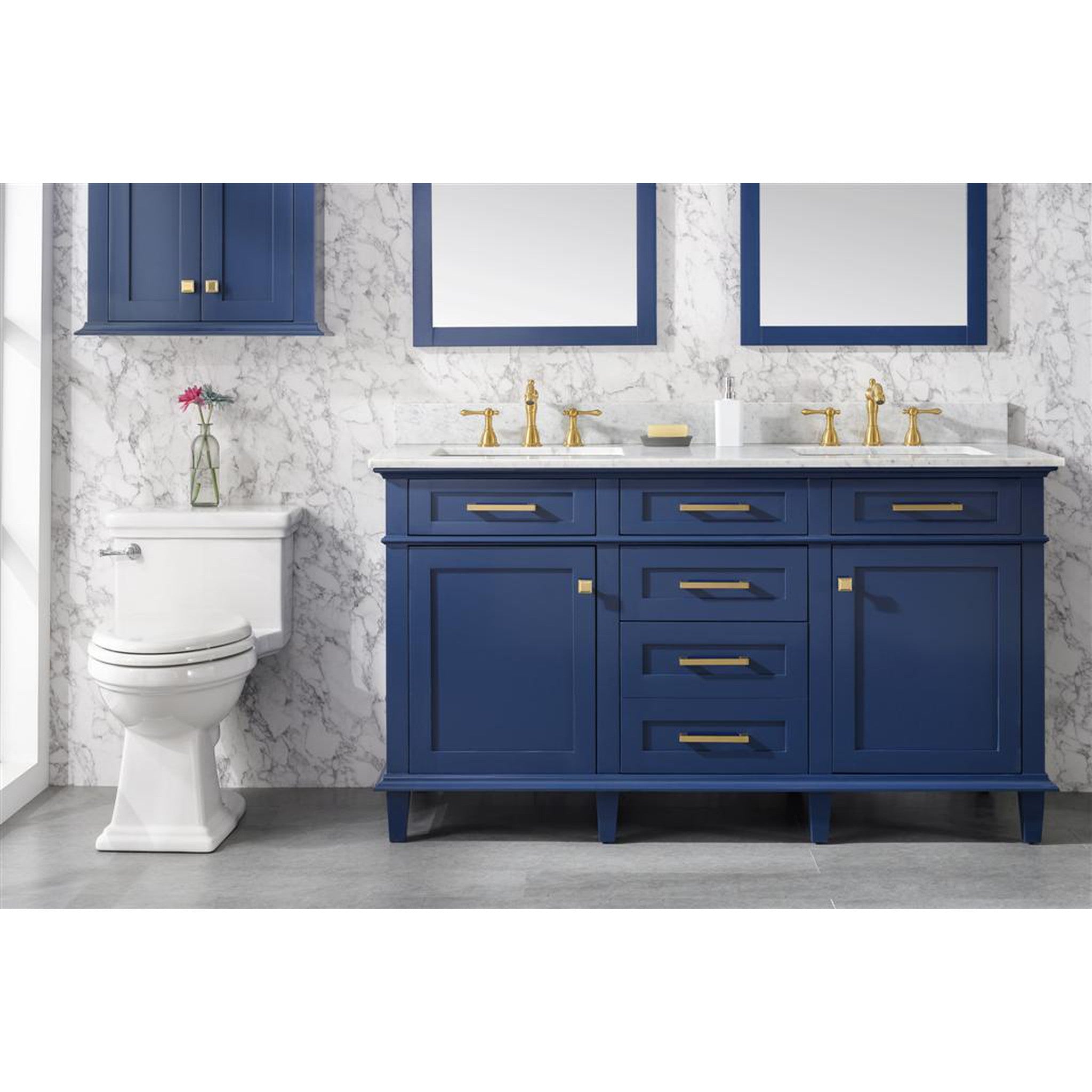 Legion Furniture 60" Blue Finish Double Sink Vanity Cabinet With Carrara White Top