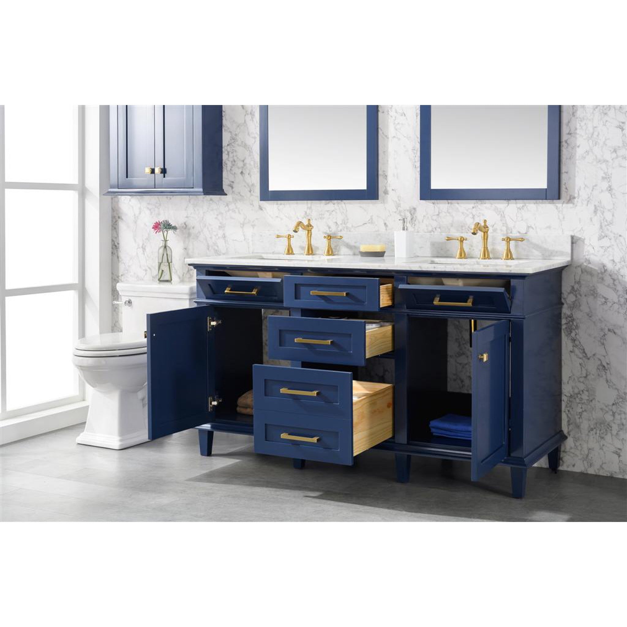 Legion Furniture 60" Blue Finish Double Sink Vanity Cabinet With Carrara White Top