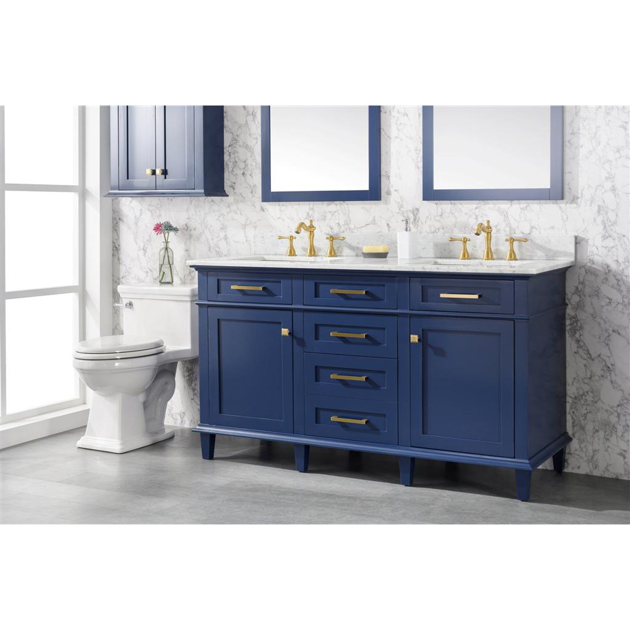 Legion Furniture 60" Blue Finish Double Sink Vanity Cabinet With Carrara White Top