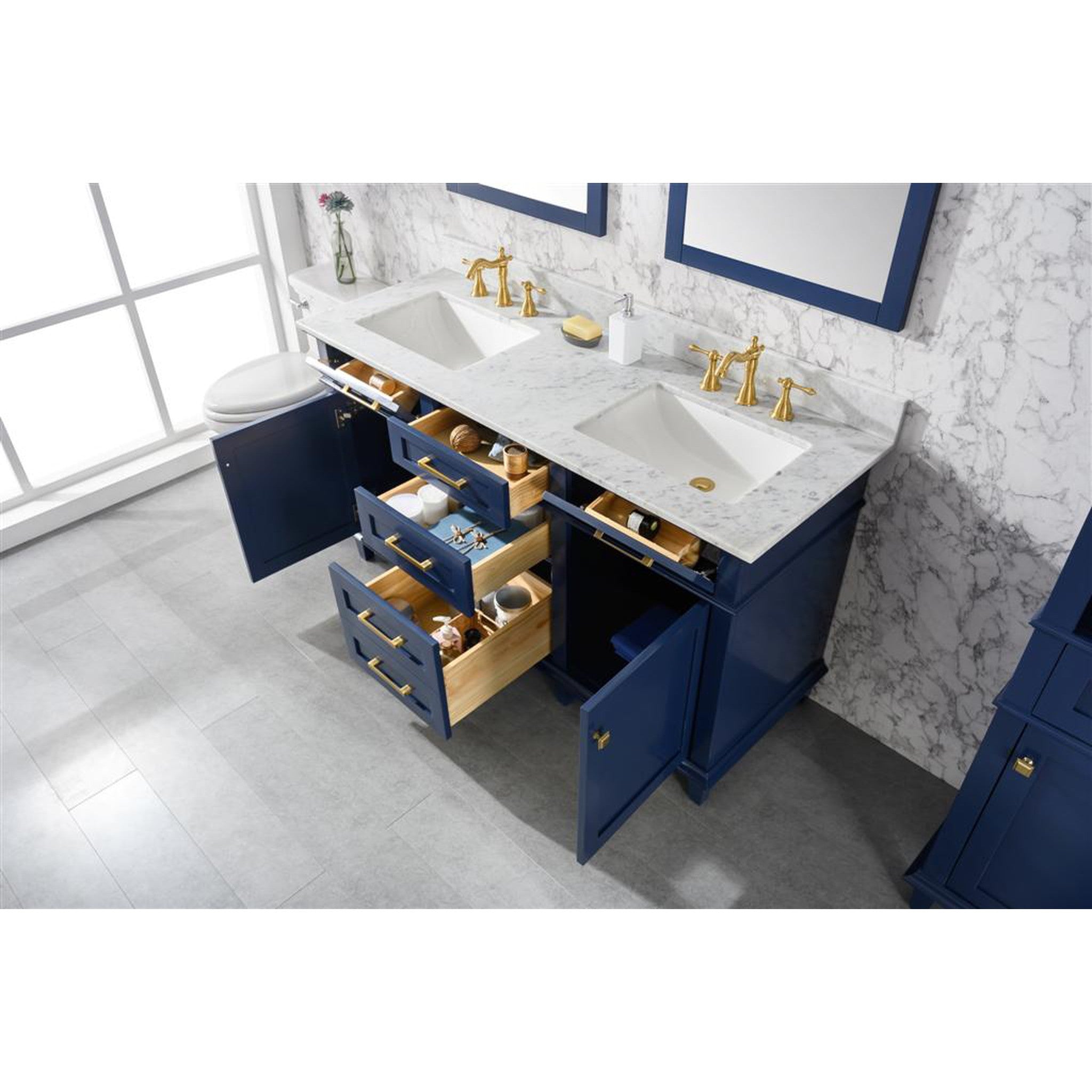 Legion Furniture 60" Blue Finish Double Sink Vanity Cabinet With Carrara White Top