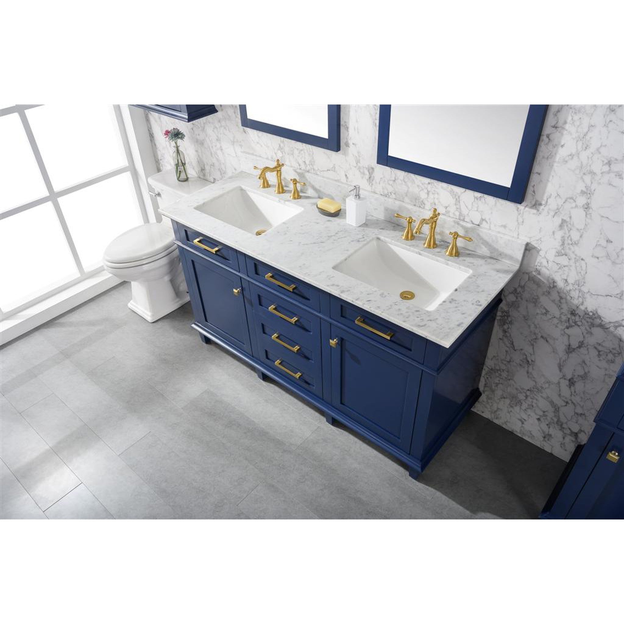 Legion Furniture 60" Blue Finish Double Sink Vanity Cabinet With Carrara White Top