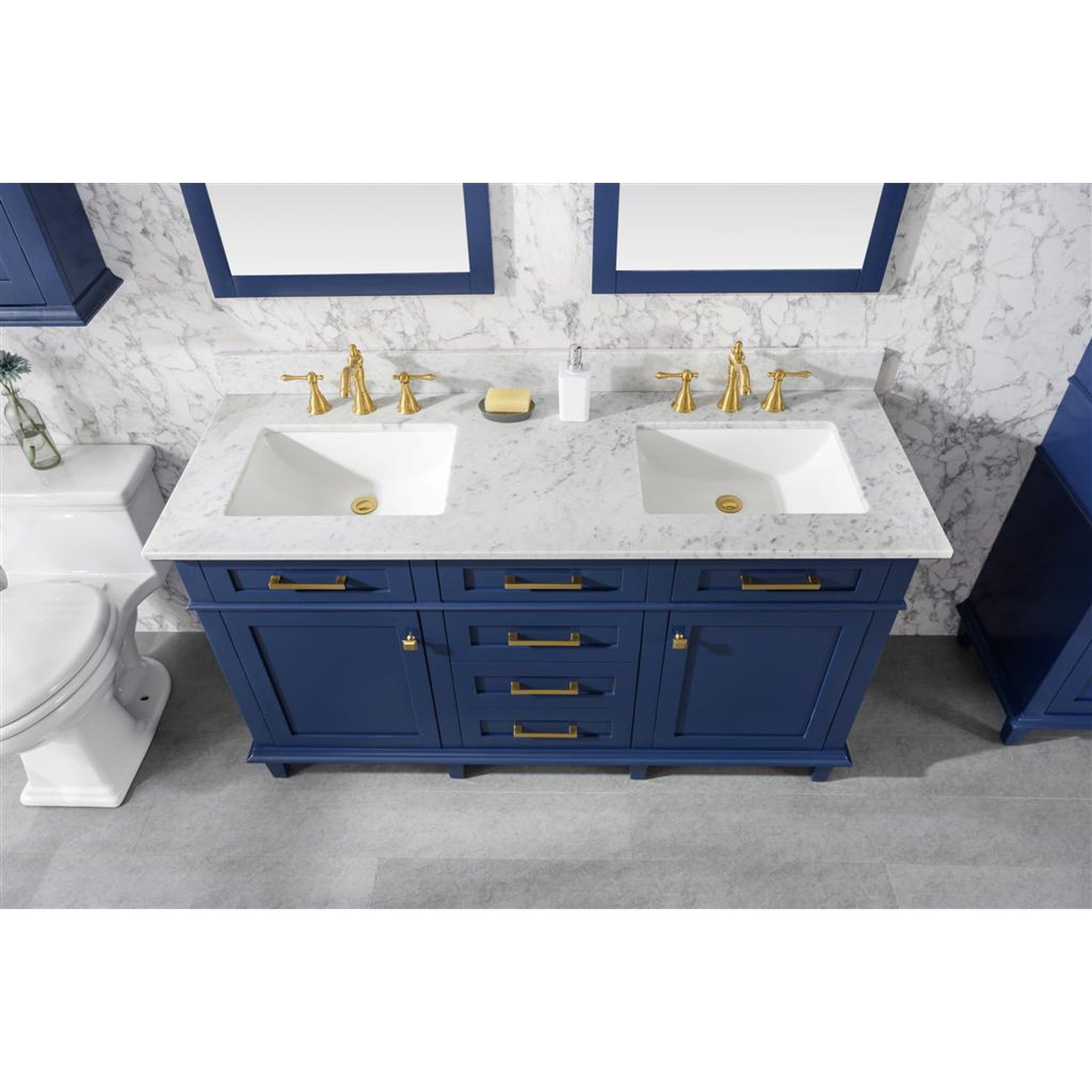 Legion Furniture 60" Blue Finish Double Sink Vanity Cabinet With Carrara White Top