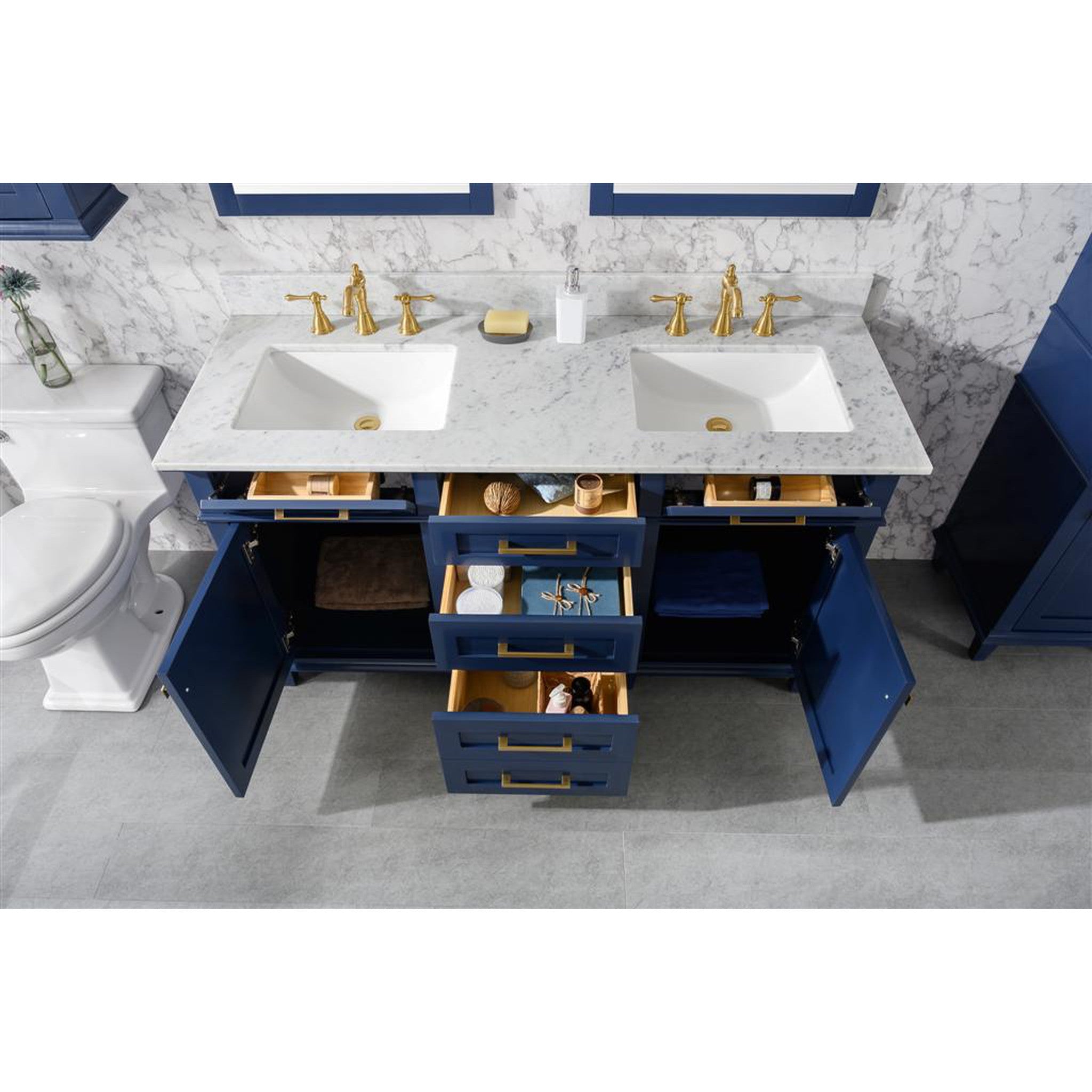 Legion Furniture 60" Blue Finish Double Sink Vanity Cabinet With Carrara White Top