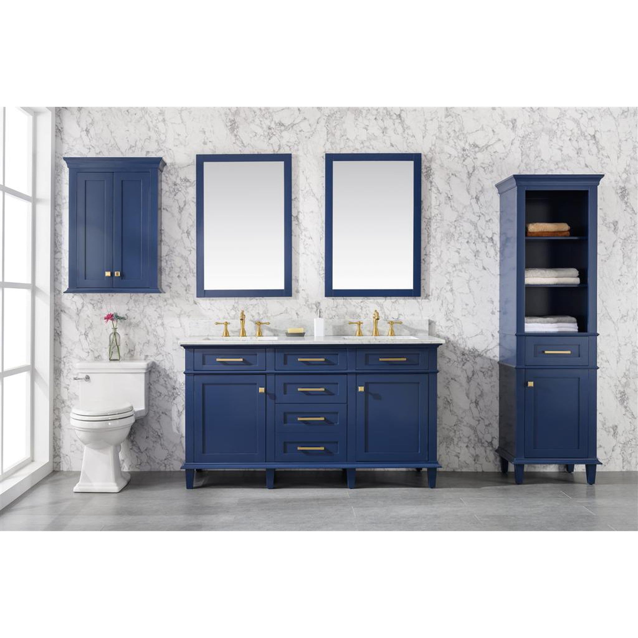 Legion Furniture 60" Blue Finish Double Sink Vanity Cabinet With Carrara White Top