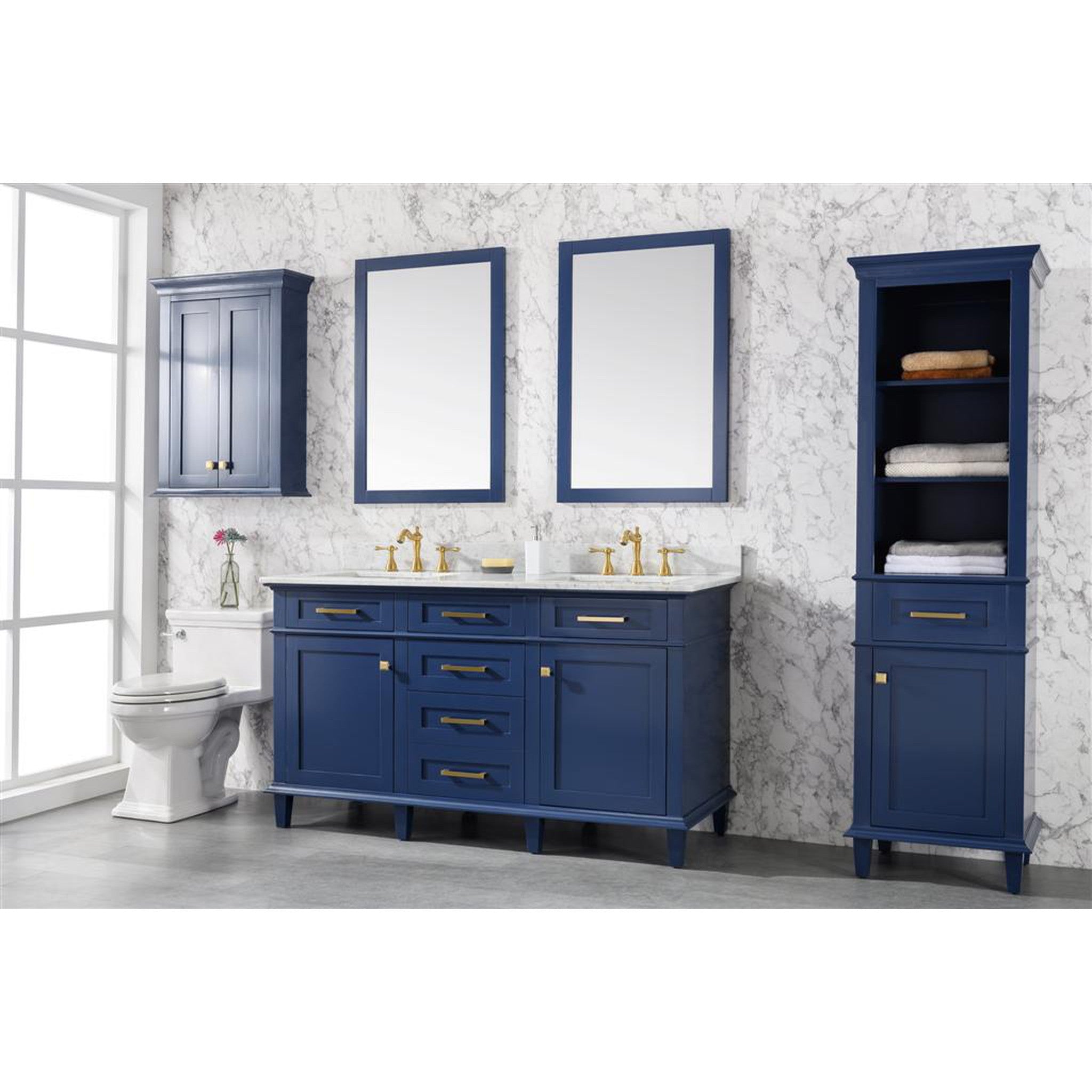 Legion Furniture 60" Blue Finish Double Sink Vanity Cabinet With Carrara White Top