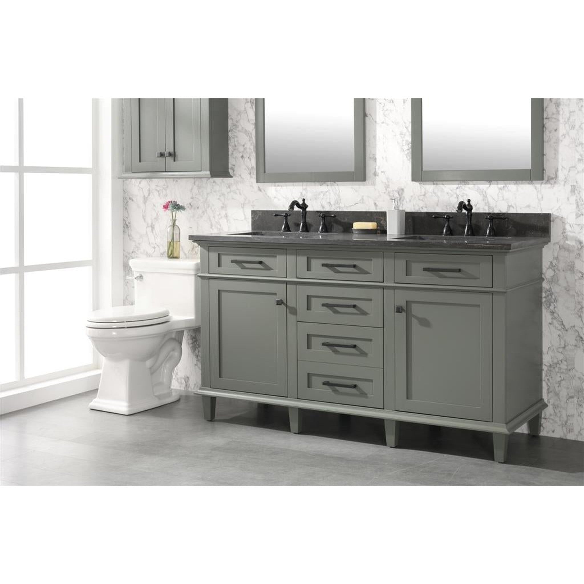 Legion Furniture 60" Pewter Green Finish Double Sink Vanity Cabinet With Blue Lime Stone Top