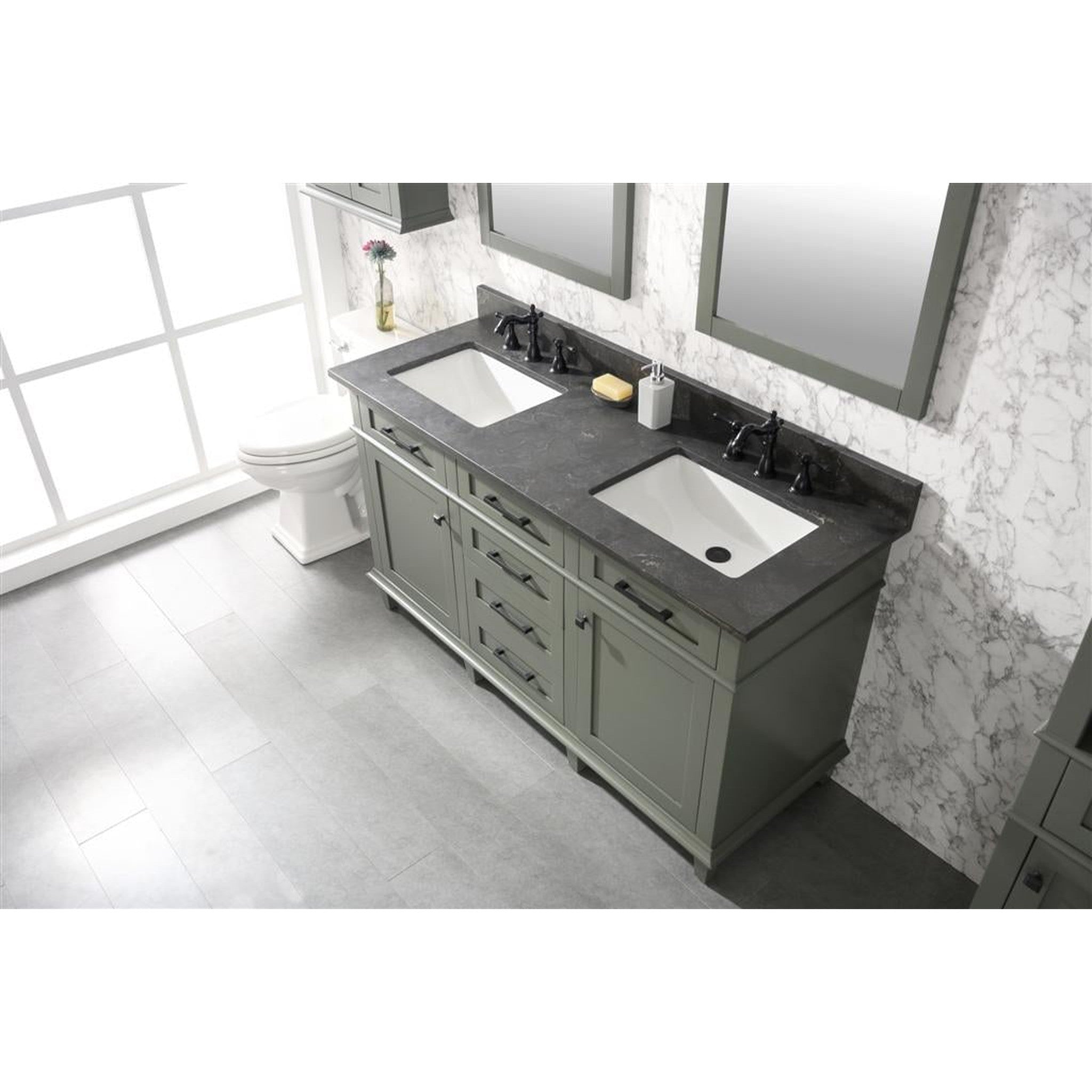 Legion Furniture 60" Pewter Green Finish Double Sink Vanity Cabinet With Blue Lime Stone Top