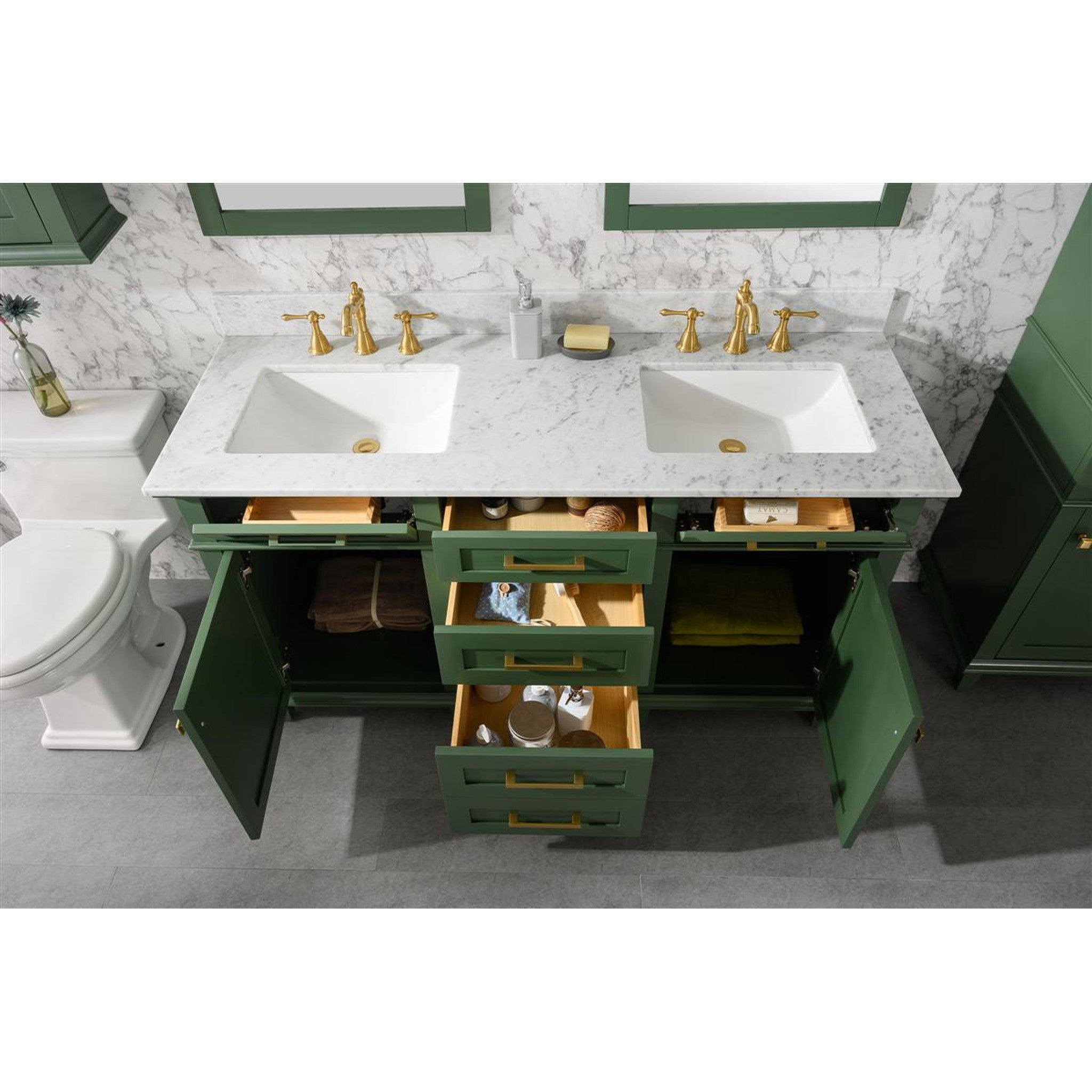 Legion Furniture 60" Vogue Green Finish Double Sink Vanity Cabinet With Carrara White Top