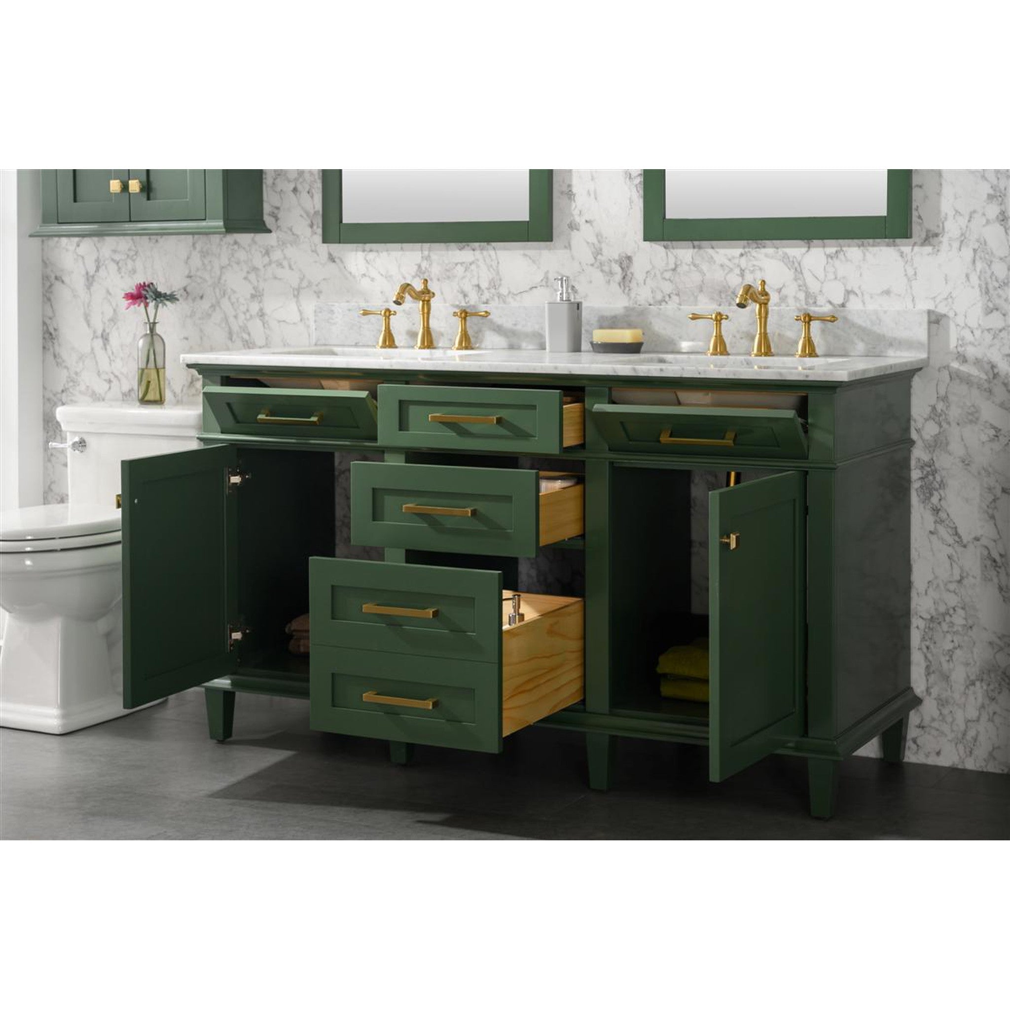 Legion Furniture 60" Vogue Green Finish Double Sink Vanity Cabinet With Carrara White Top