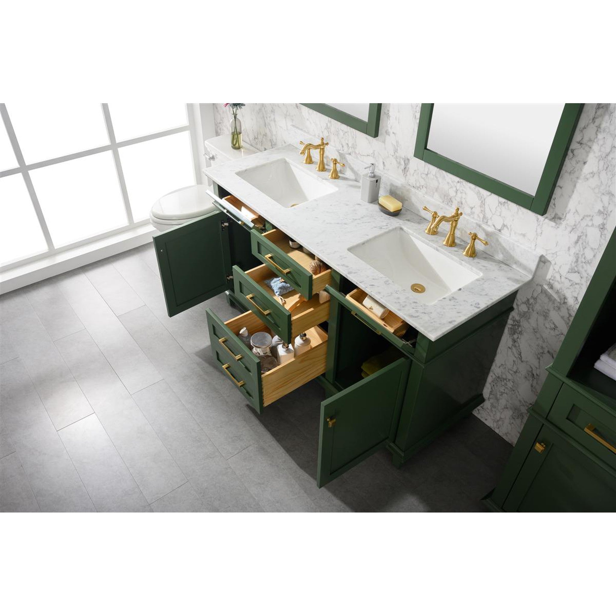 Legion Furniture 60" Vogue Green Finish Double Sink Vanity Cabinet With Carrara White Top