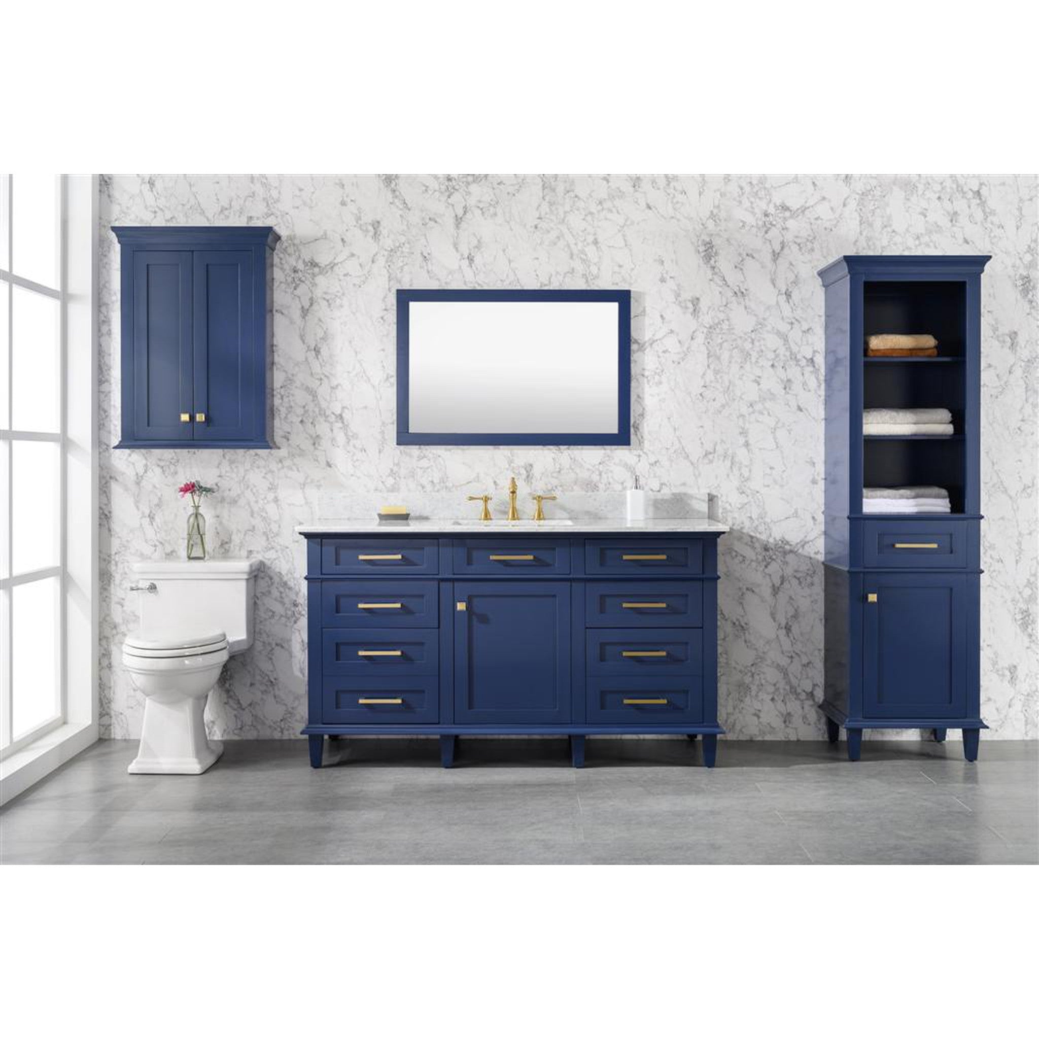 Legion Furniture 60" Blue Finish Single Sink Vanity Cabinet With Carrara White Top