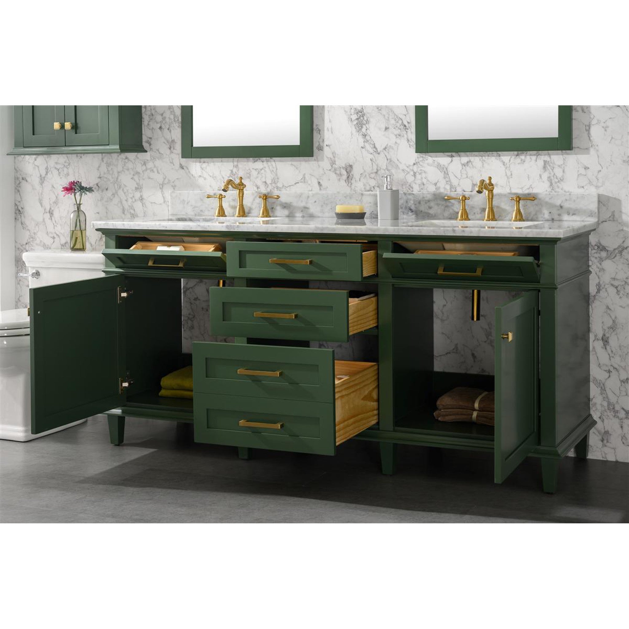 Legion Furniture 72" Vogue Green Double Single Sink Vanity Cabinet With Carrara White Top