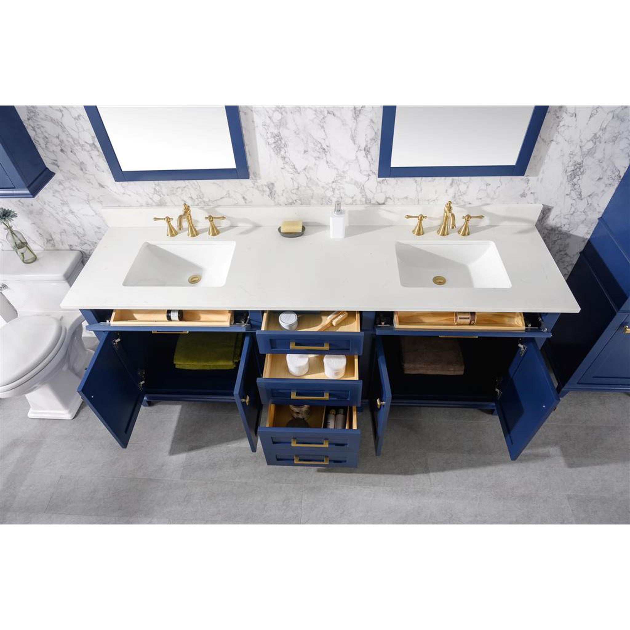 Legion Furniture WLF2280-B 80 Inch Blue Double Sink Vanity Cabinet with Carrara White Quartz Top