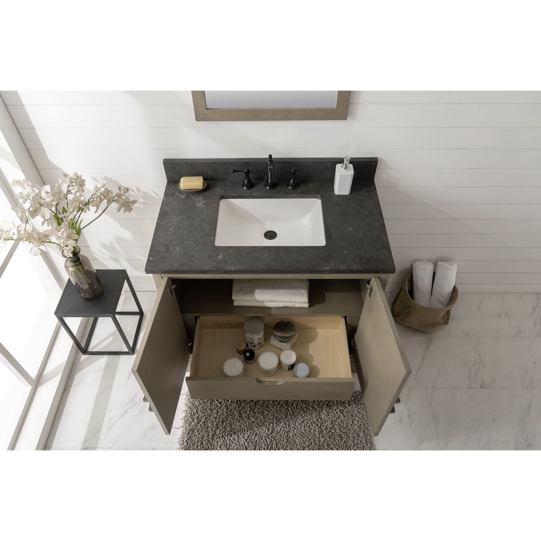 Legion Furniture 36" Antique Gray Oak Vanity With Blue Limestone Top