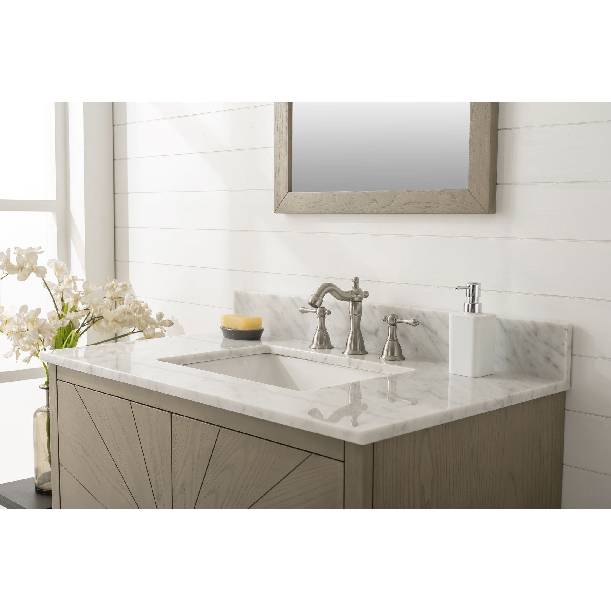 Legion Furniture 36" Antique Gray Oak Vanity With Carrara White Top