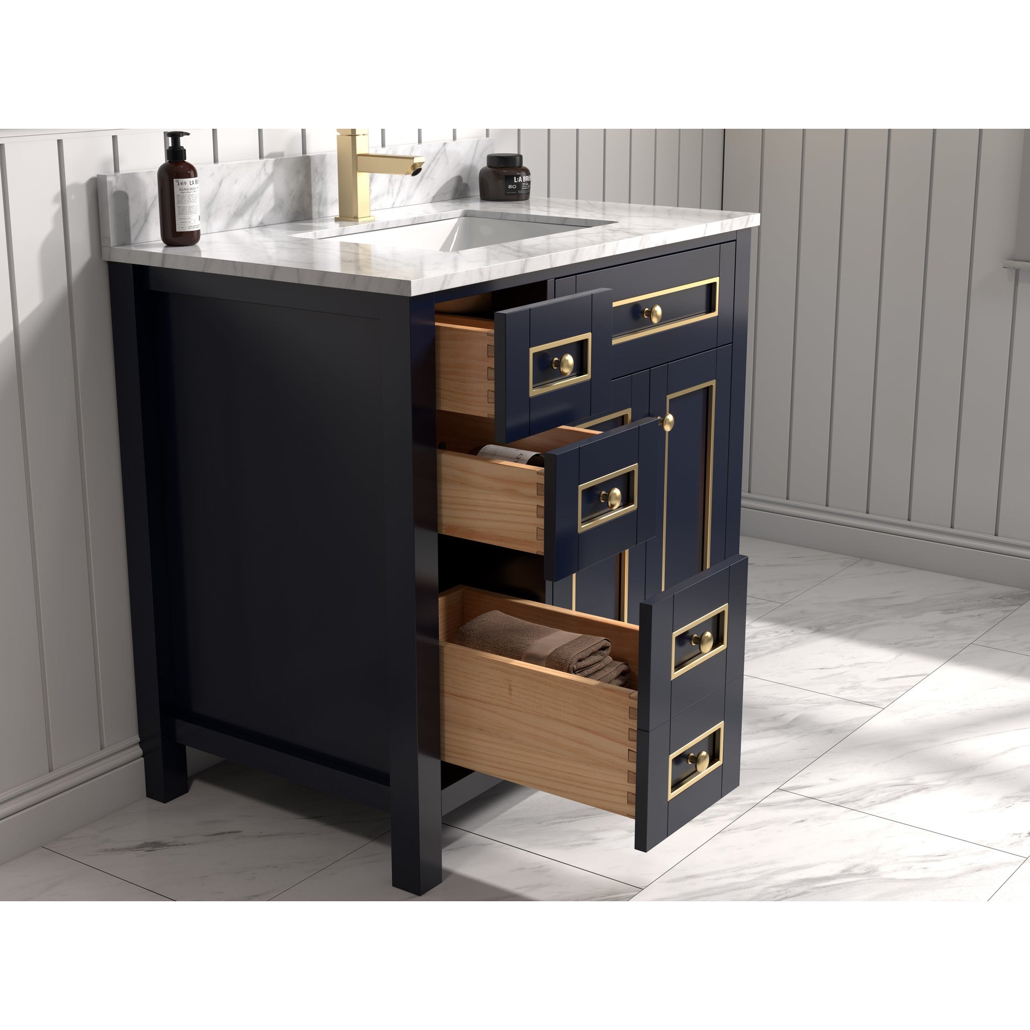 Legion Furniture 36" Blue Finish Sink Vanity Cabinet With Carrara White Top