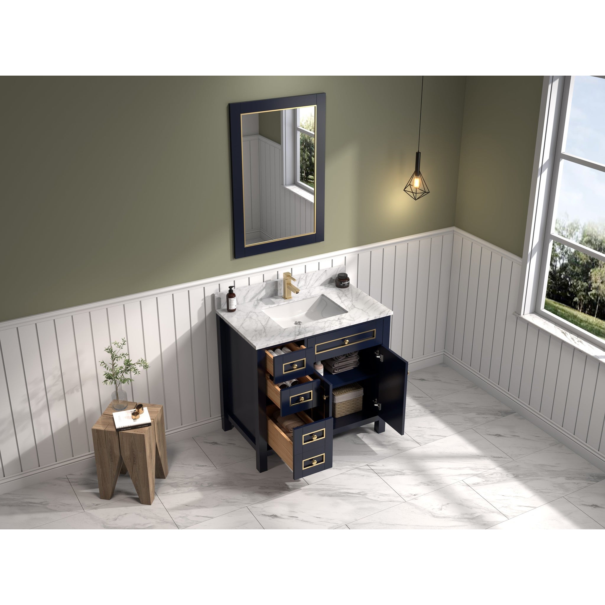 Legion Furniture 36" Blue Finish Sink Vanity Cabinet With Carrara White Top