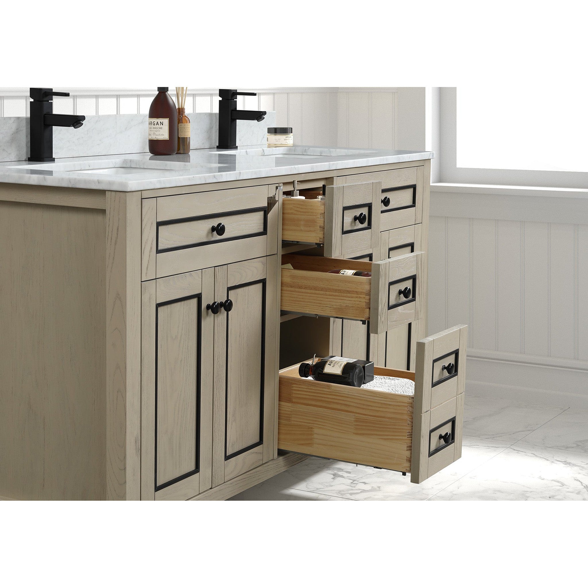 Legion Furniture 60" Light Oak Finish Sink Vanity Cabinet With Carrara White Top