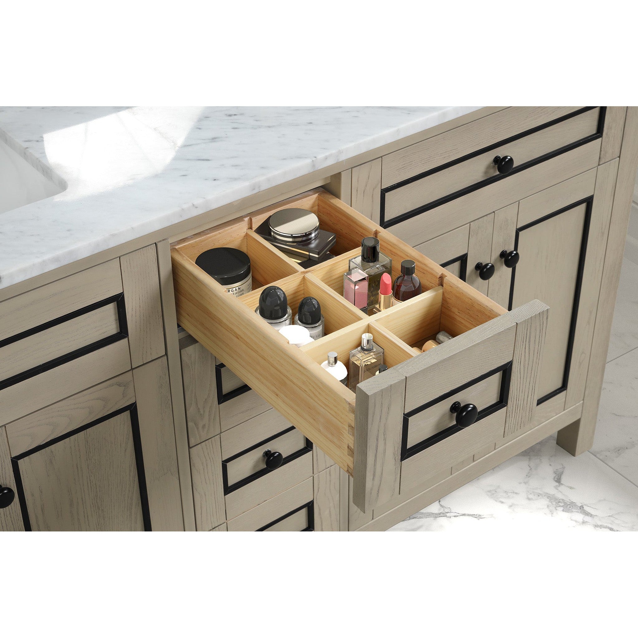 Legion Furniture 60" Light Oak Finish Sink Vanity Cabinet With Carrara White Top