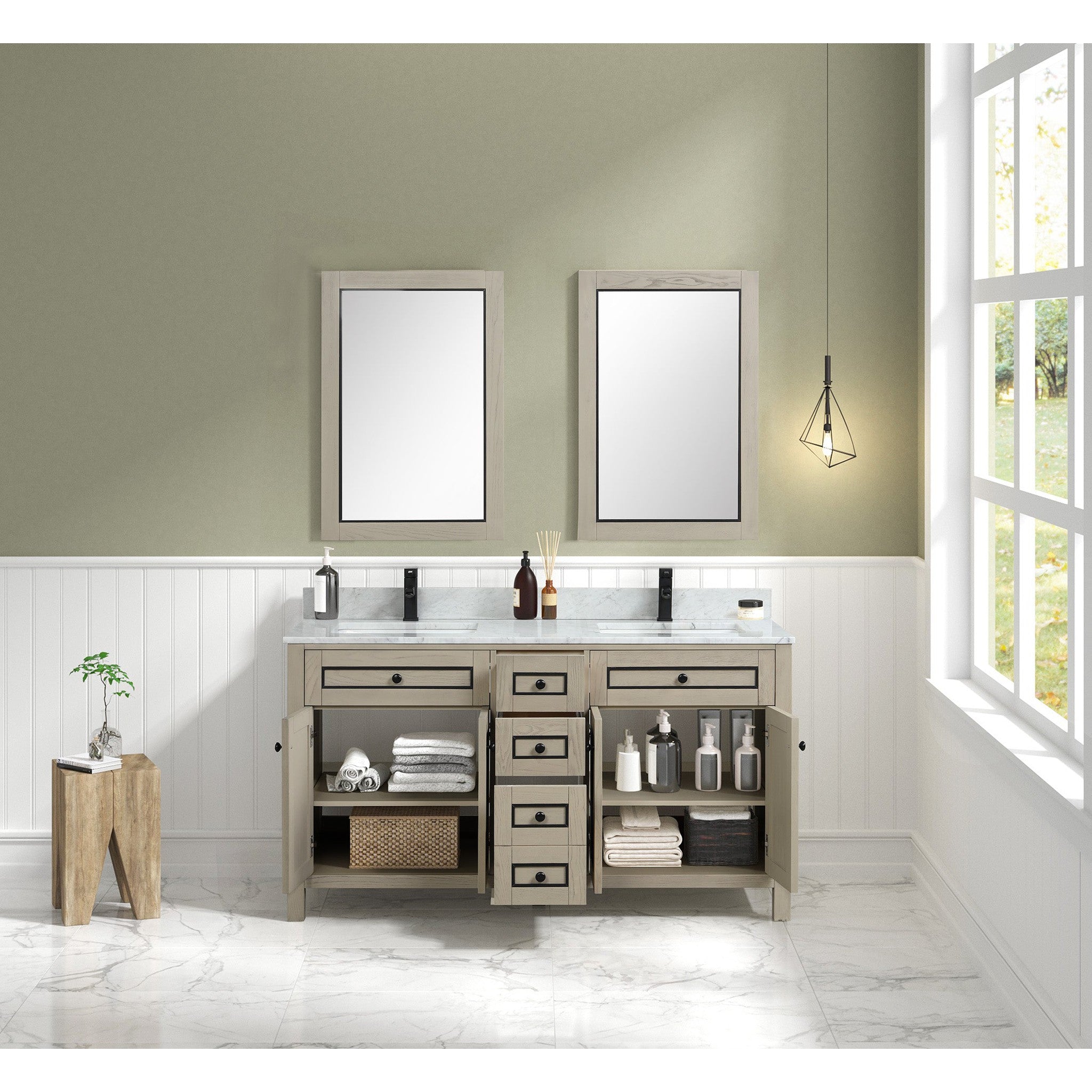 Legion Furniture 60" Light Oak Finish Sink Vanity Cabinet With Carrara White Top