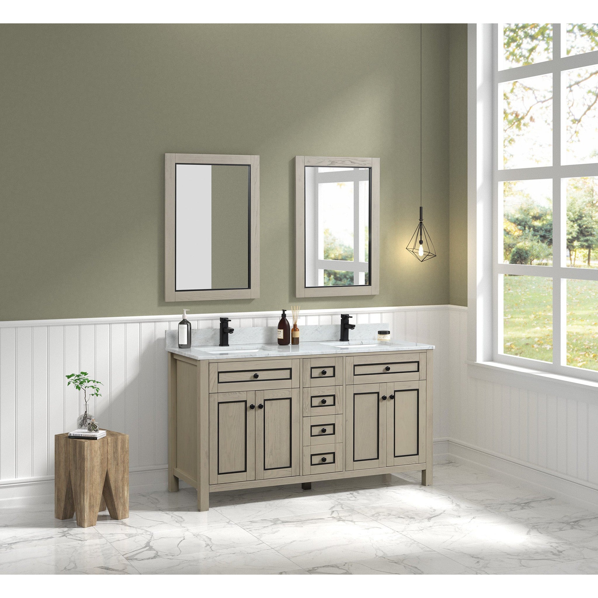 Legion Furniture 60" Light Oak Finish Sink Vanity Cabinet With Carrara White Top