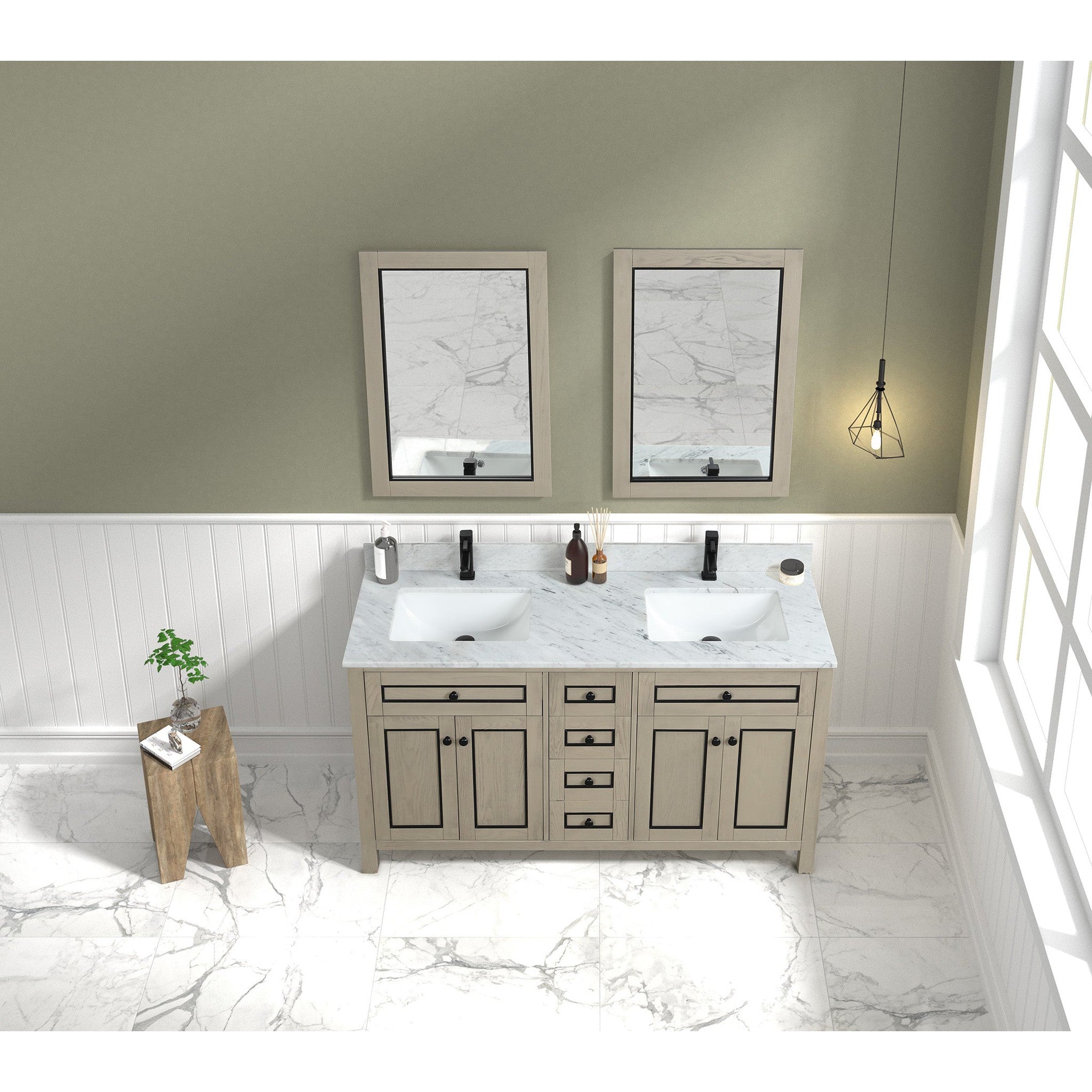 Legion Furniture 60" Light Oak Finish Sink Vanity Cabinet With Carrara White Top