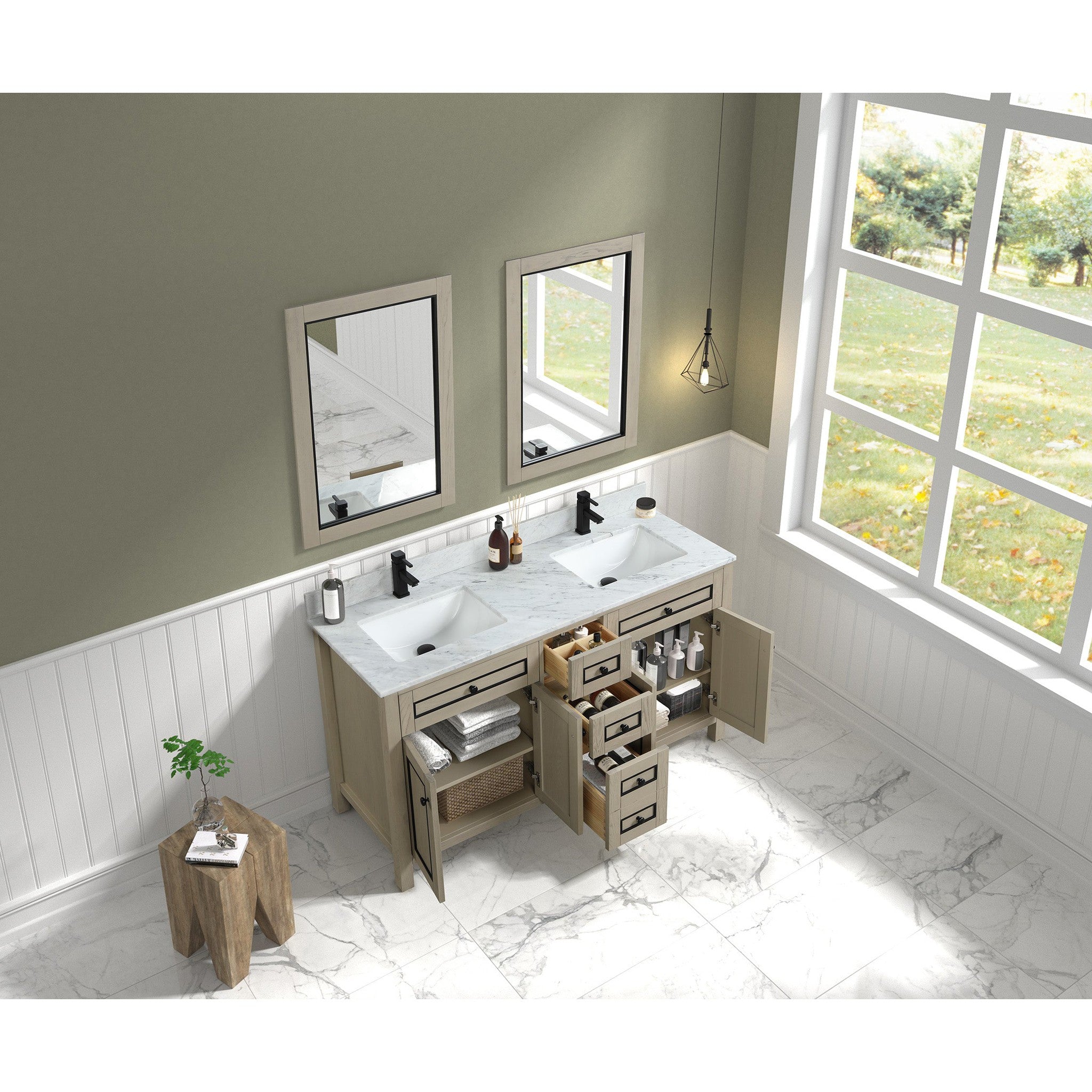 Legion Furniture 60" Light Oak Finish Sink Vanity Cabinet With Carrara White Top