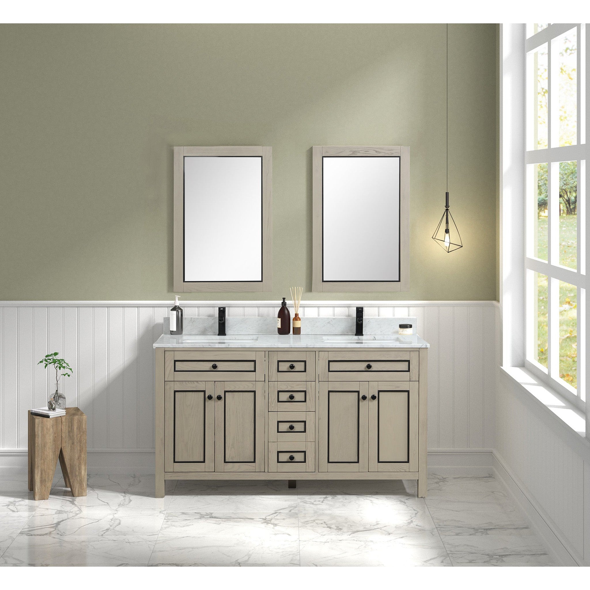 Legion Furniture 60" Light Oak Finish Sink Vanity Cabinet With Carrara White Top