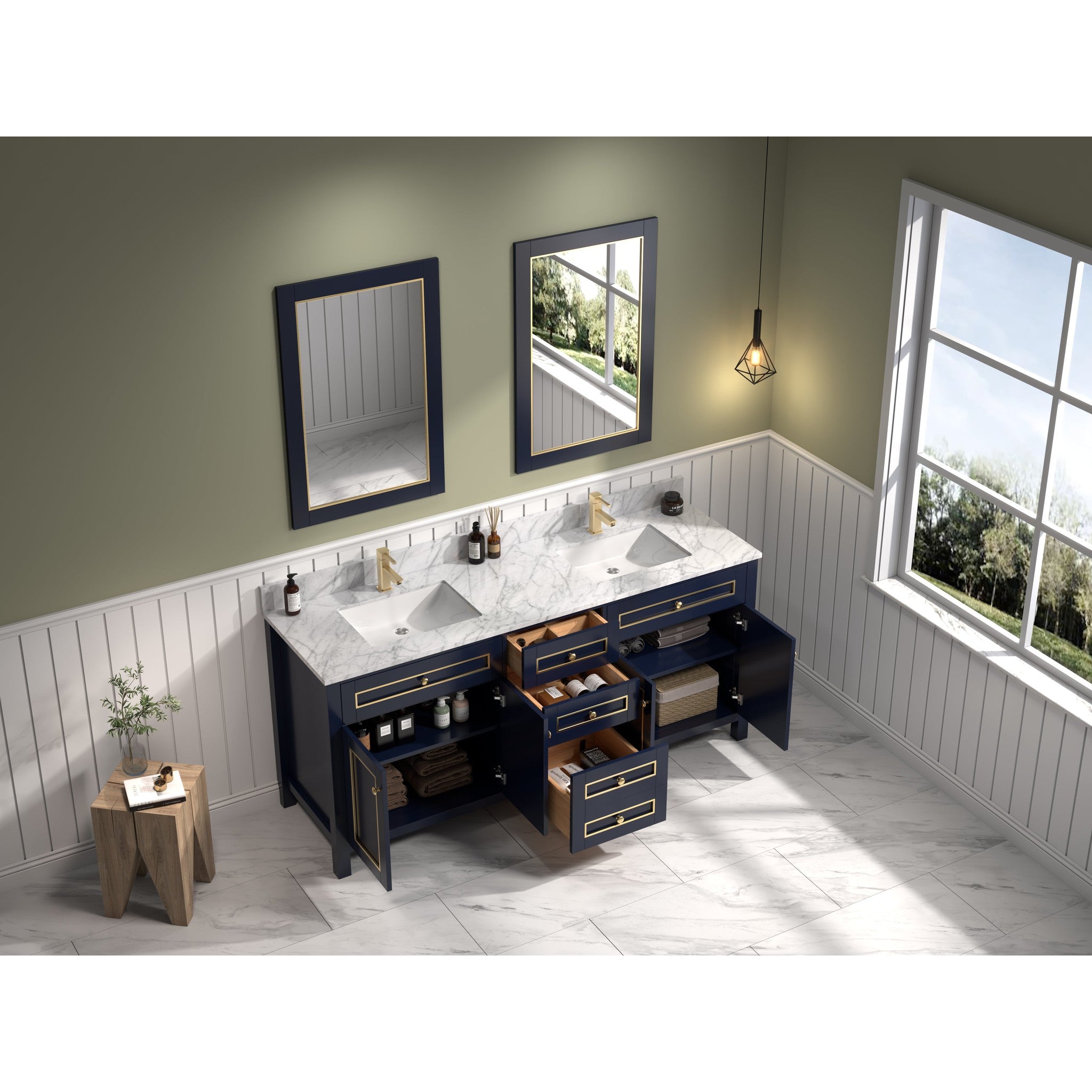 Legion Furniture 72" Blue Finish Sink Vanity Cabinet With Carrara White Top