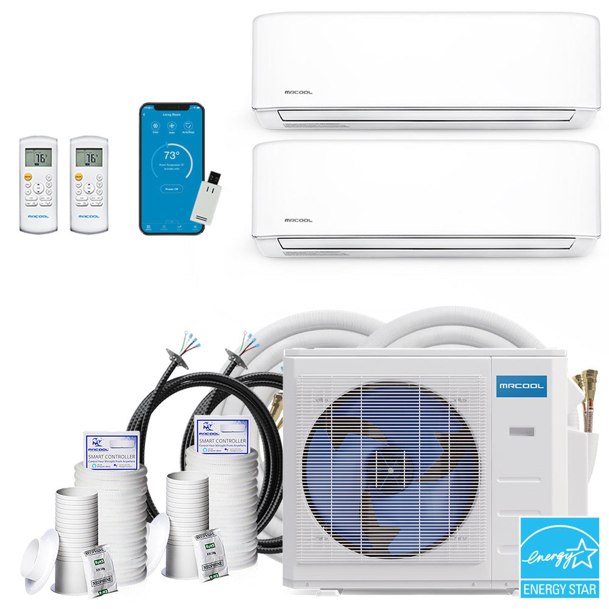 MRCOOL DIY 4th Gen 36K BTU 2-Zone Condenser with 9K+24K handlers, 2 x 50ft and 1 x 25 linesets, and Bundle