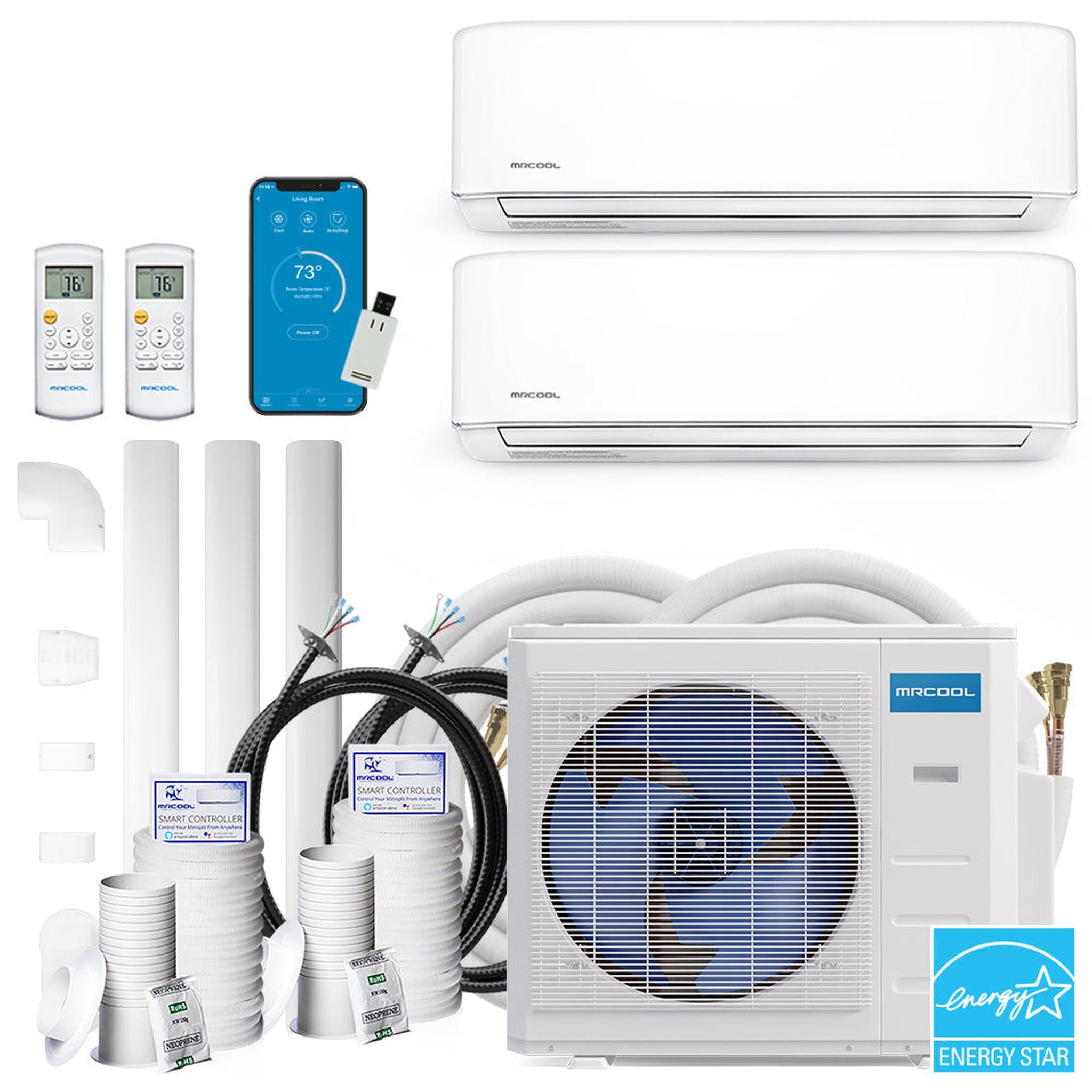 MRCOOL DIY 4th Gen 36K BTU 2-Zone Condenser with 12K+24K handlers, 1 x 16ft and 1 x 50ft linesets Bundle