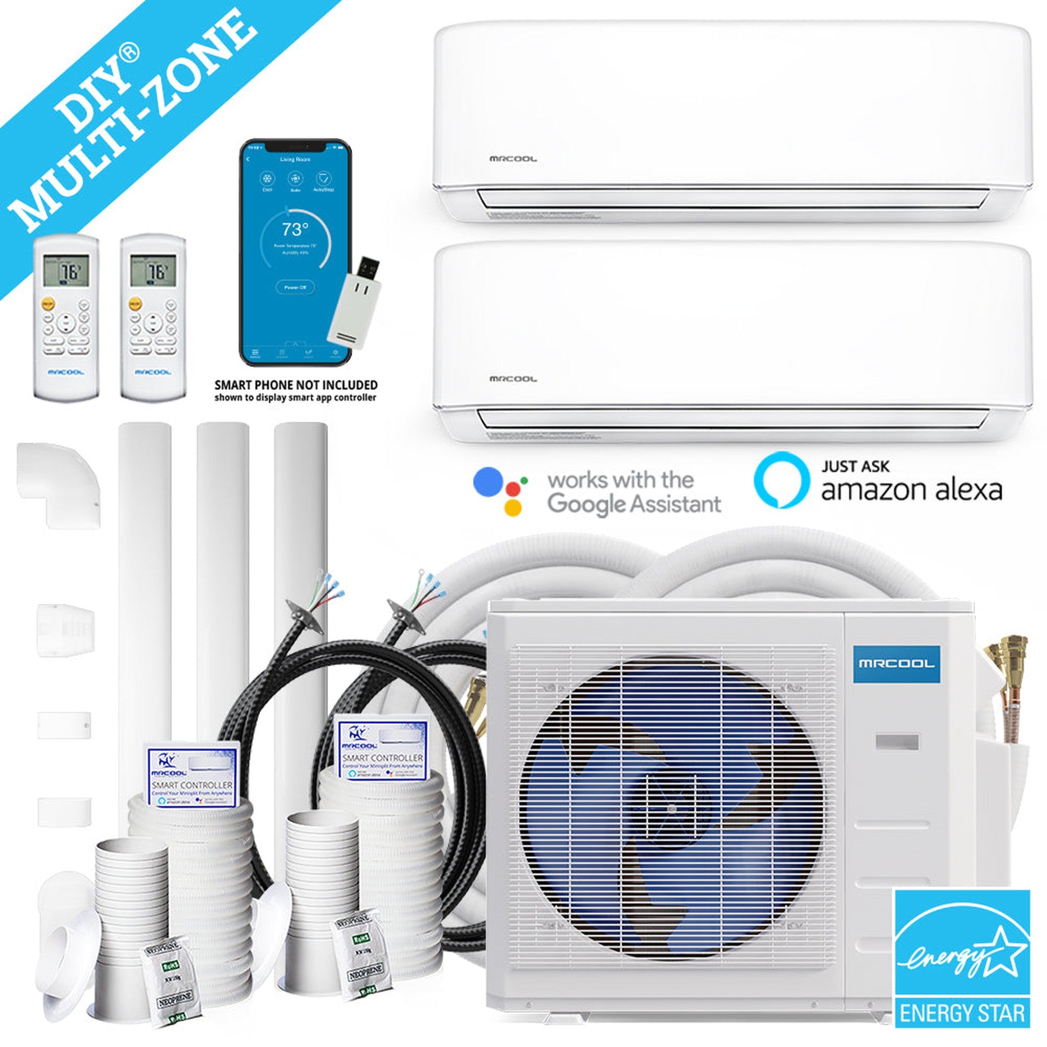 MRCOOL DIY 4th Gen 18K BTU 2-Zone Condenser with 9K+9K handlers and 2 x 16ft linesets Bundle