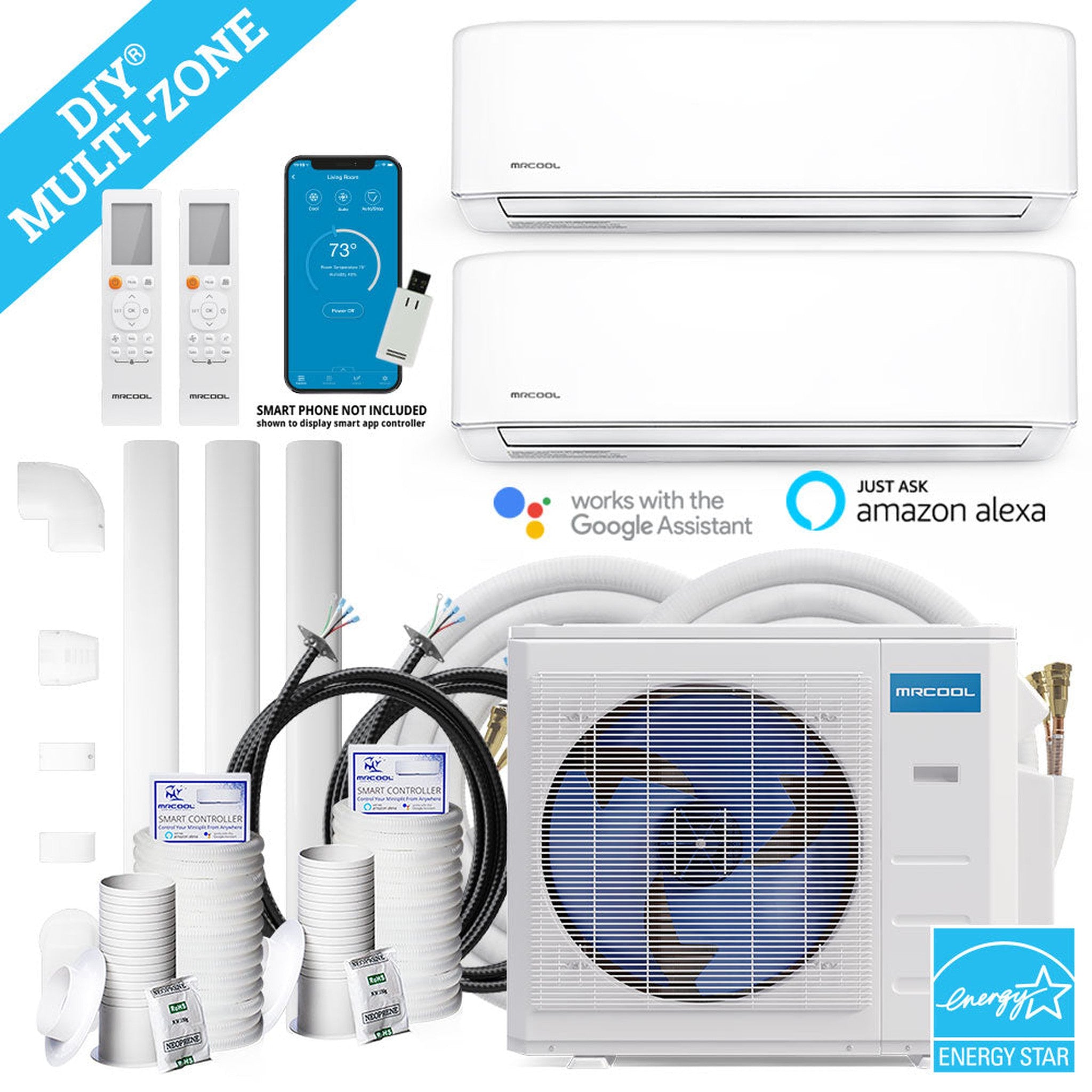 MRCOOL DIY 4th Gen 36K BTU 2-Zone Condenser with 12K+18K handlers and 2 x 16ft linesets Bundle