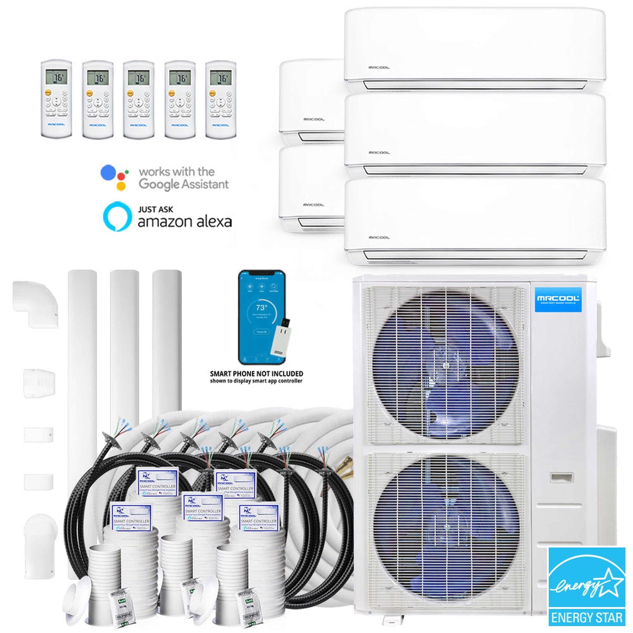 MRCOOL DIY 4th Gen 48K BTU 5-Zone Condenser with 9K+9K+9K+9K+12K handlers and 2 x 35ft and 3 x 50ft linesets Bundle