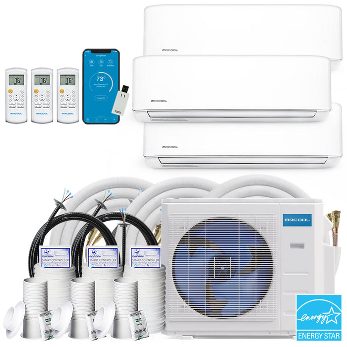 MRCOOL DIY 4th Gen 36K BTU 3-Zone Condenser with 9K+9K+18K handlers, 16ft, 2 x 25ft linesets Bundle