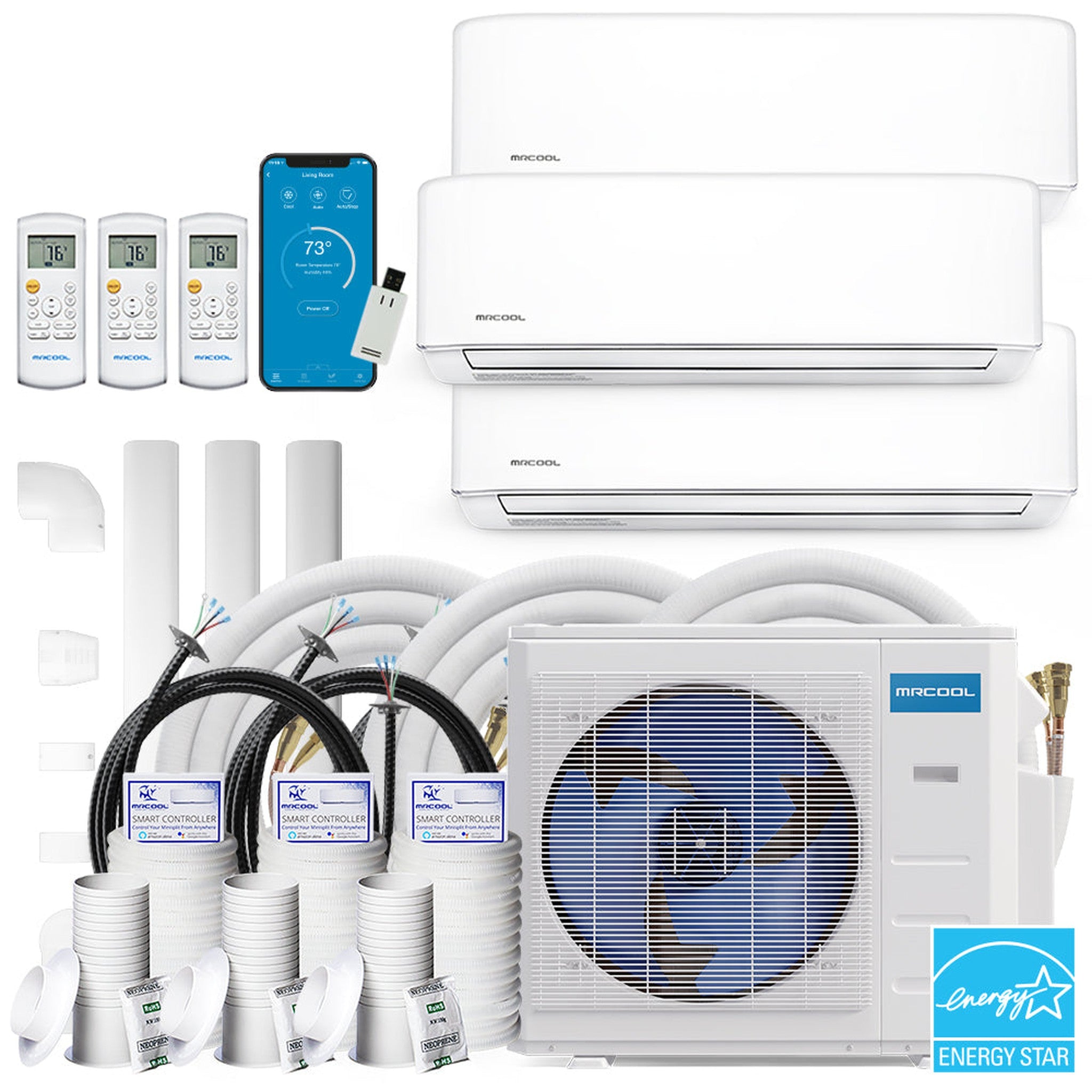 MRCOOL DIY 4th Gen 36K BTU 3-Zone Condenser with 9K+9K+18K handlers, 2 x 16ft, and 1 x 50ft linesets Bundle